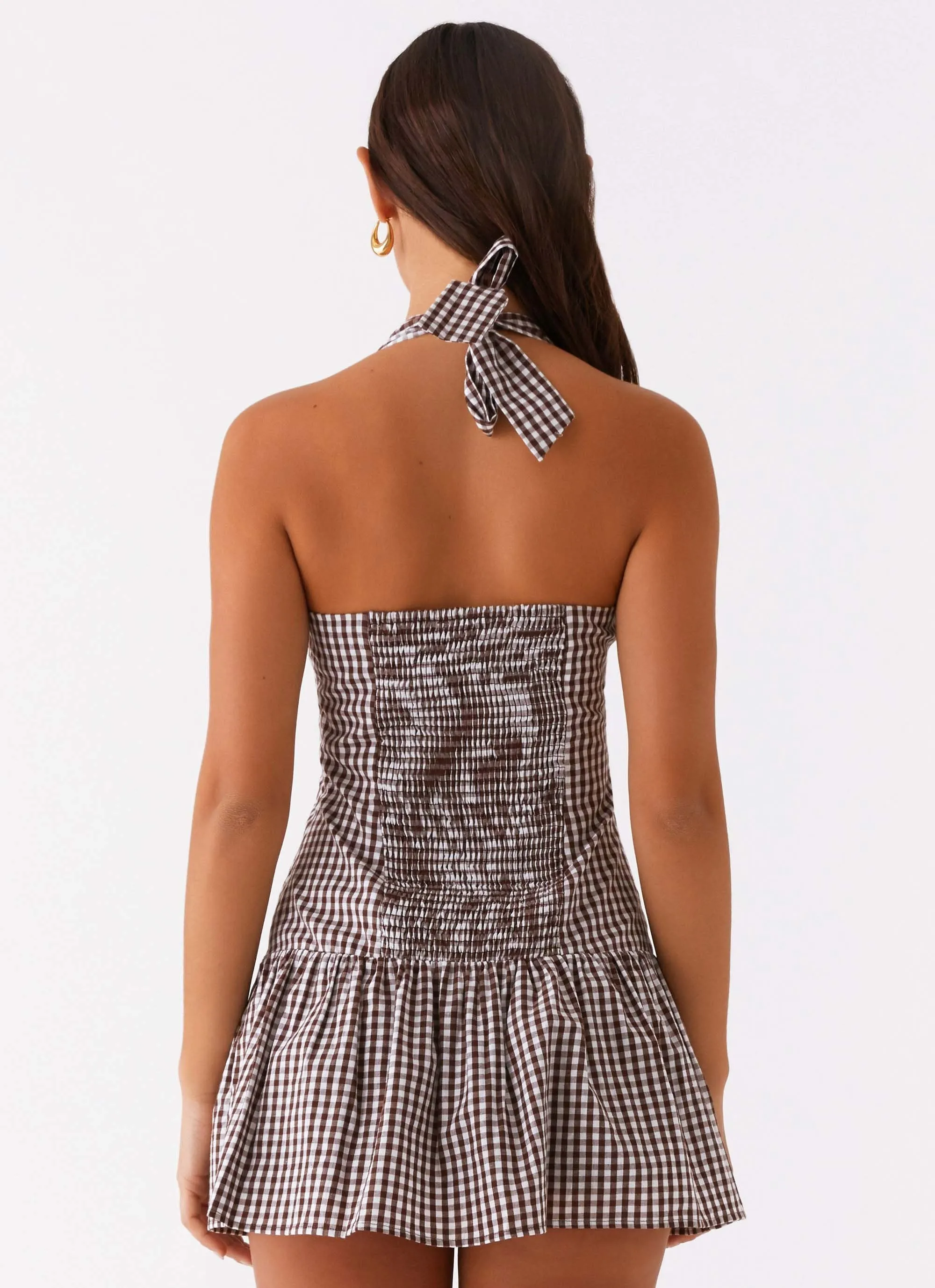 New Look Shirred Halter Mini Dress - Chocolate Gingham Neutral Toned Stitching Laser Cut Edge Detail