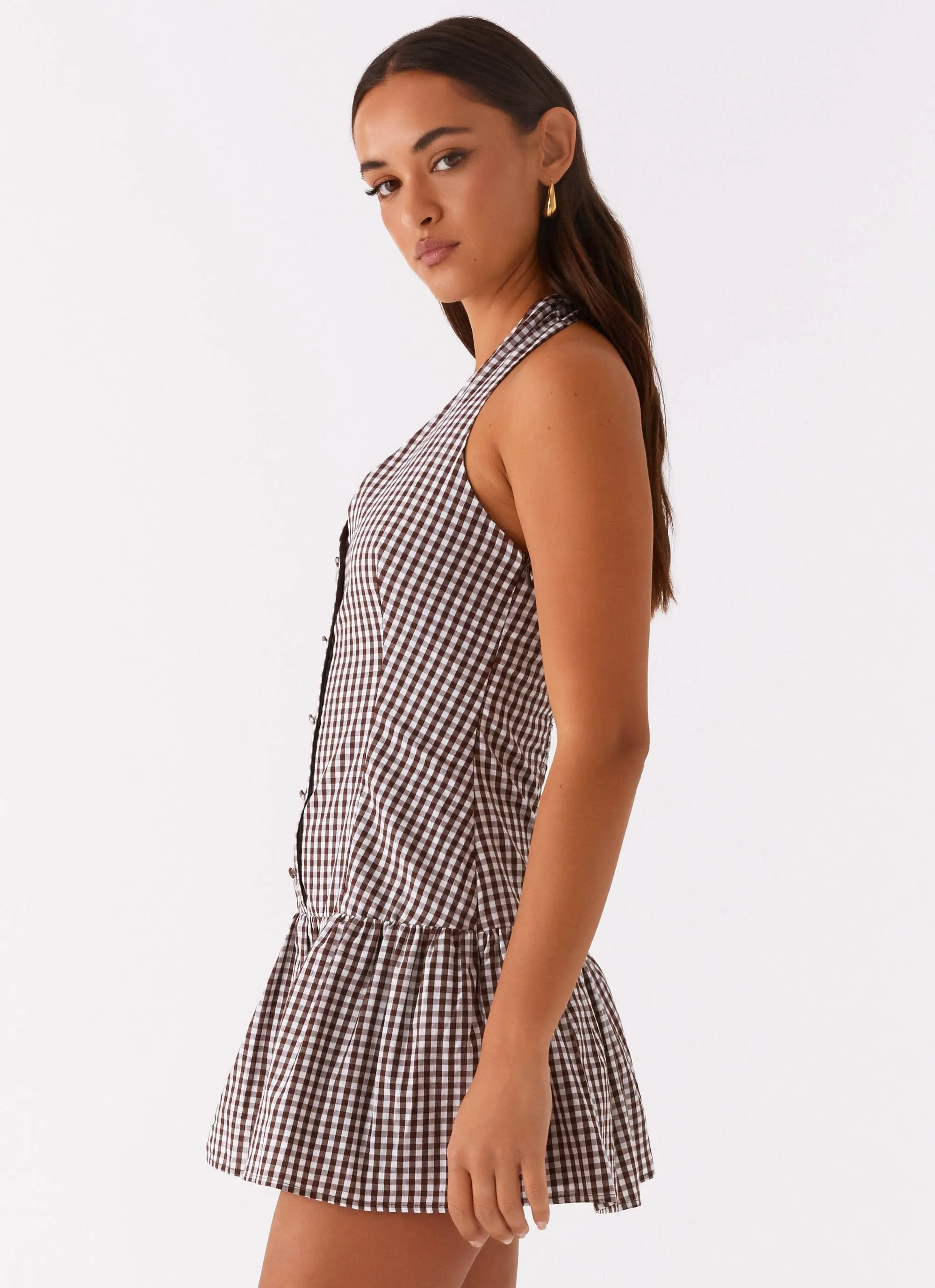 New Look Shirred Halter Mini Dress - Chocolate Gingham Black Tie Optional
