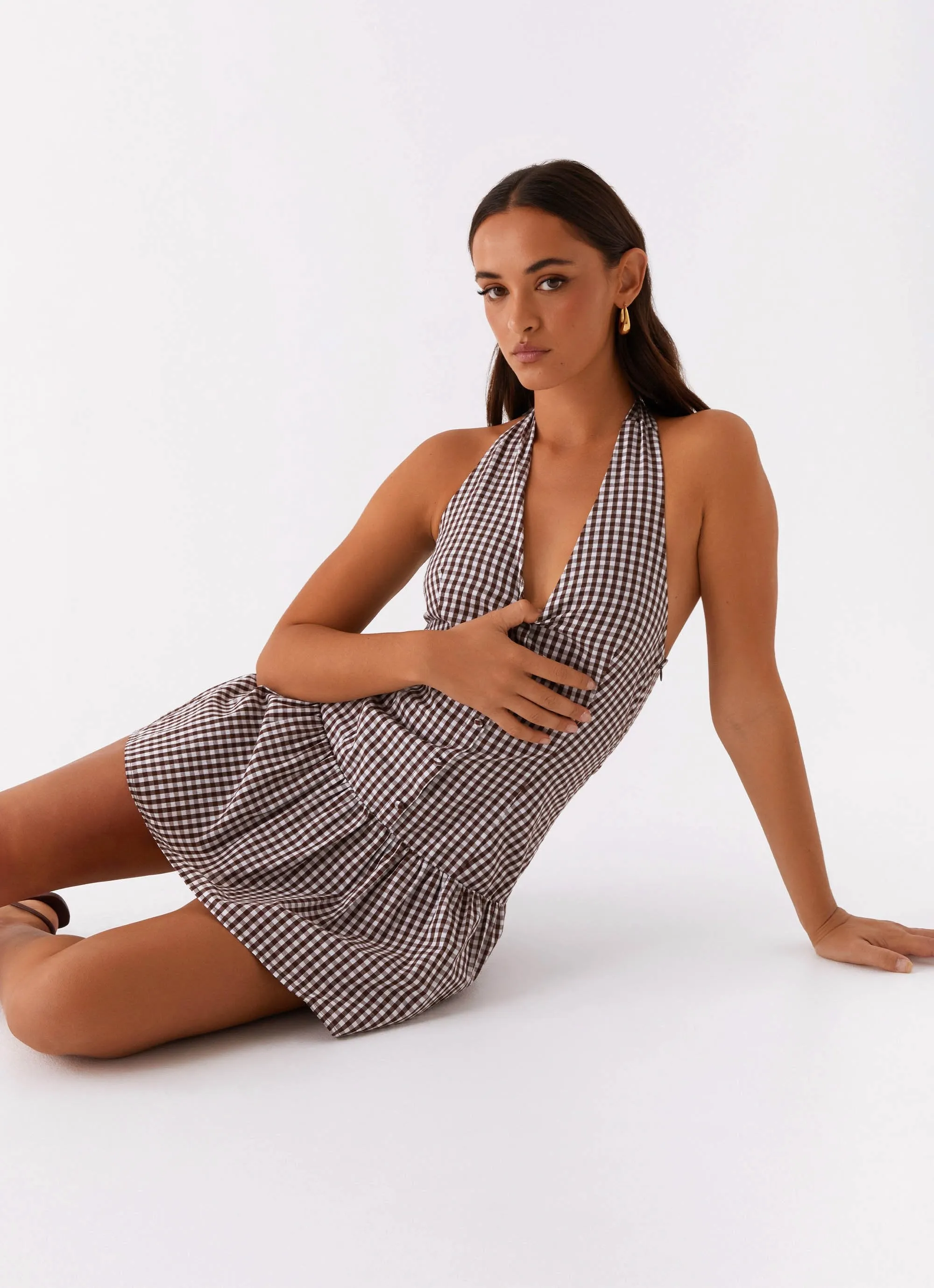 Weekend Style Seasonal Collection New Look Shirred Halter Mini Dress - Chocolate Gingham