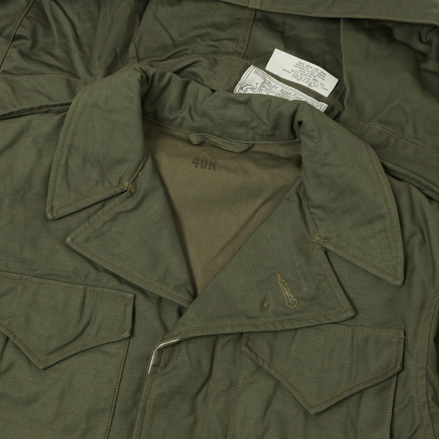 Buzz Rickson's U.S. Army M-1943 Field Jacket - Olive Drab Drop Tail Hem Reinforced Hems