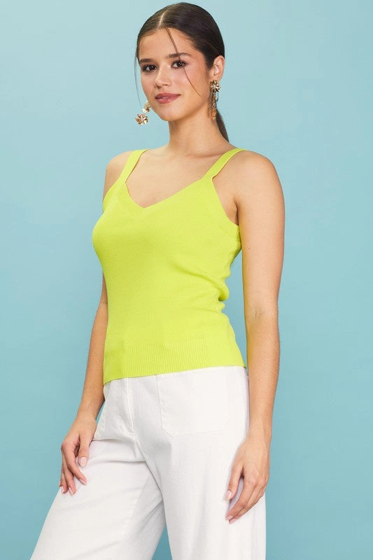 ContrastStitching Cam V-Neck Tank - Lime Yellow