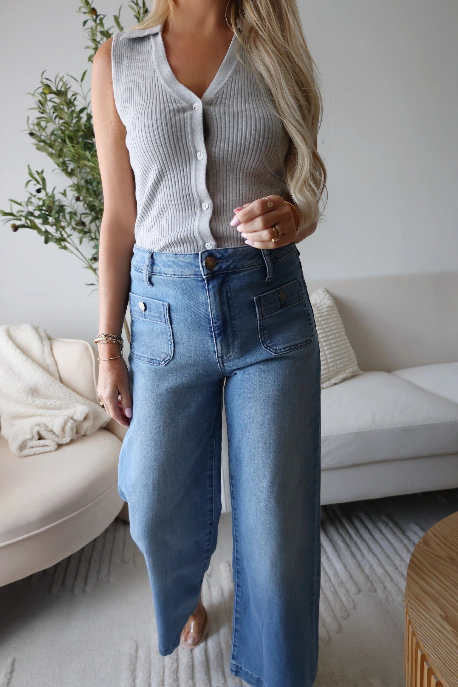 Meg High Rise Fab Ab Wide Leg Jean - Assertive Contrast Stitch