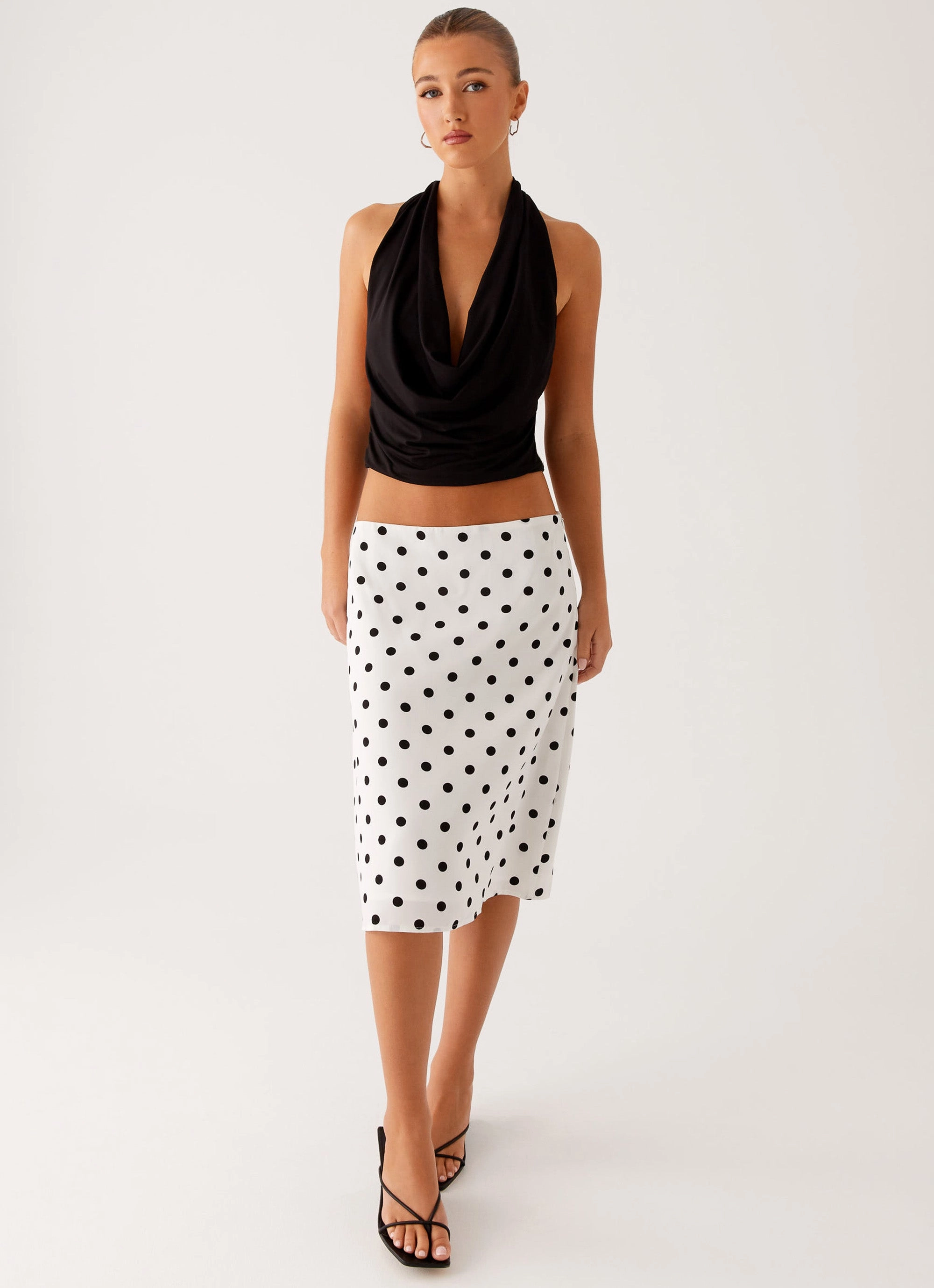 Packable Fit NonSlipInnerGrip Evoke Chiffon Midi Skirt - White Polka Dot