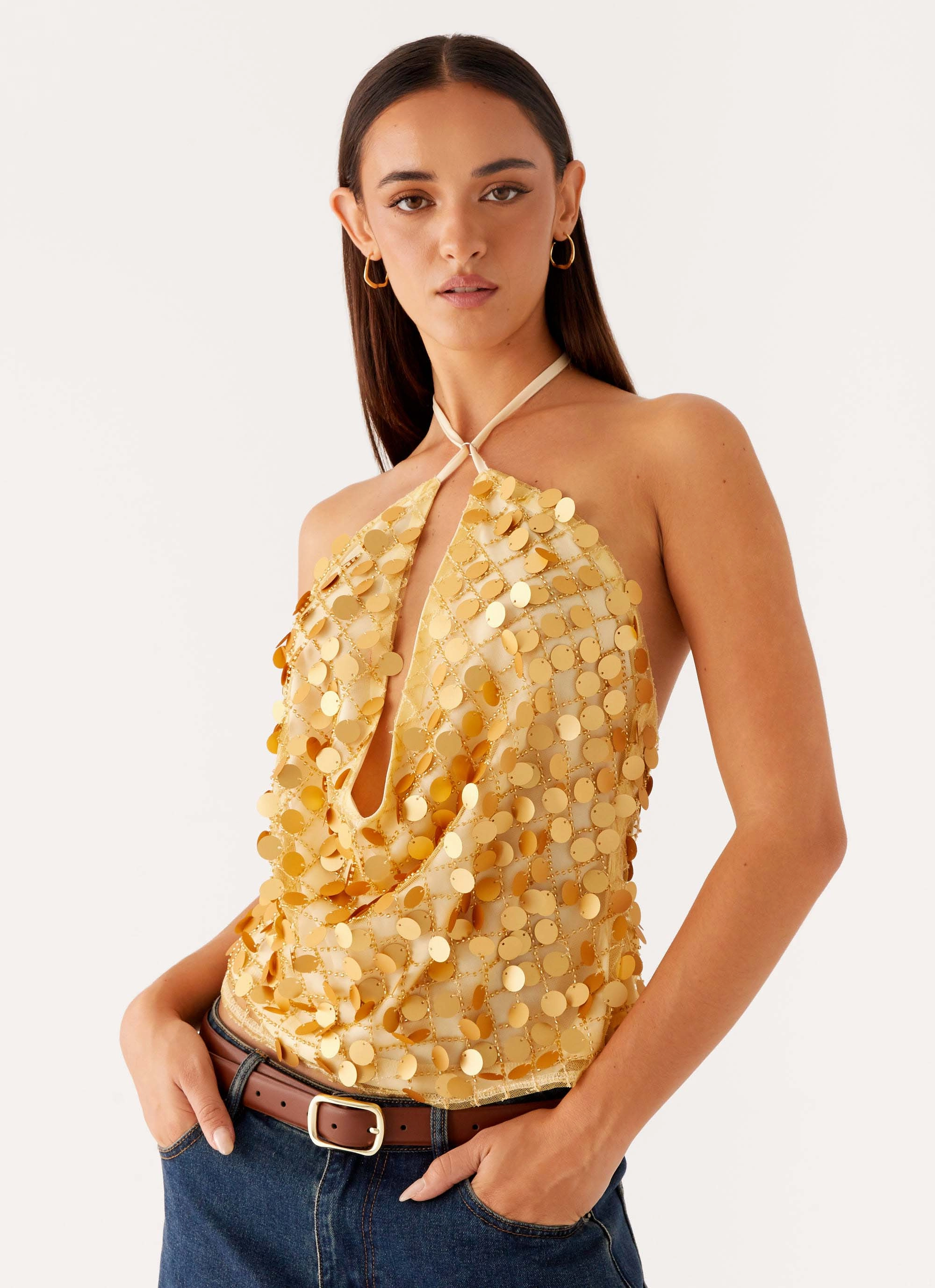 Xander Sequin Halter Top - Gold High Collar Protection Design