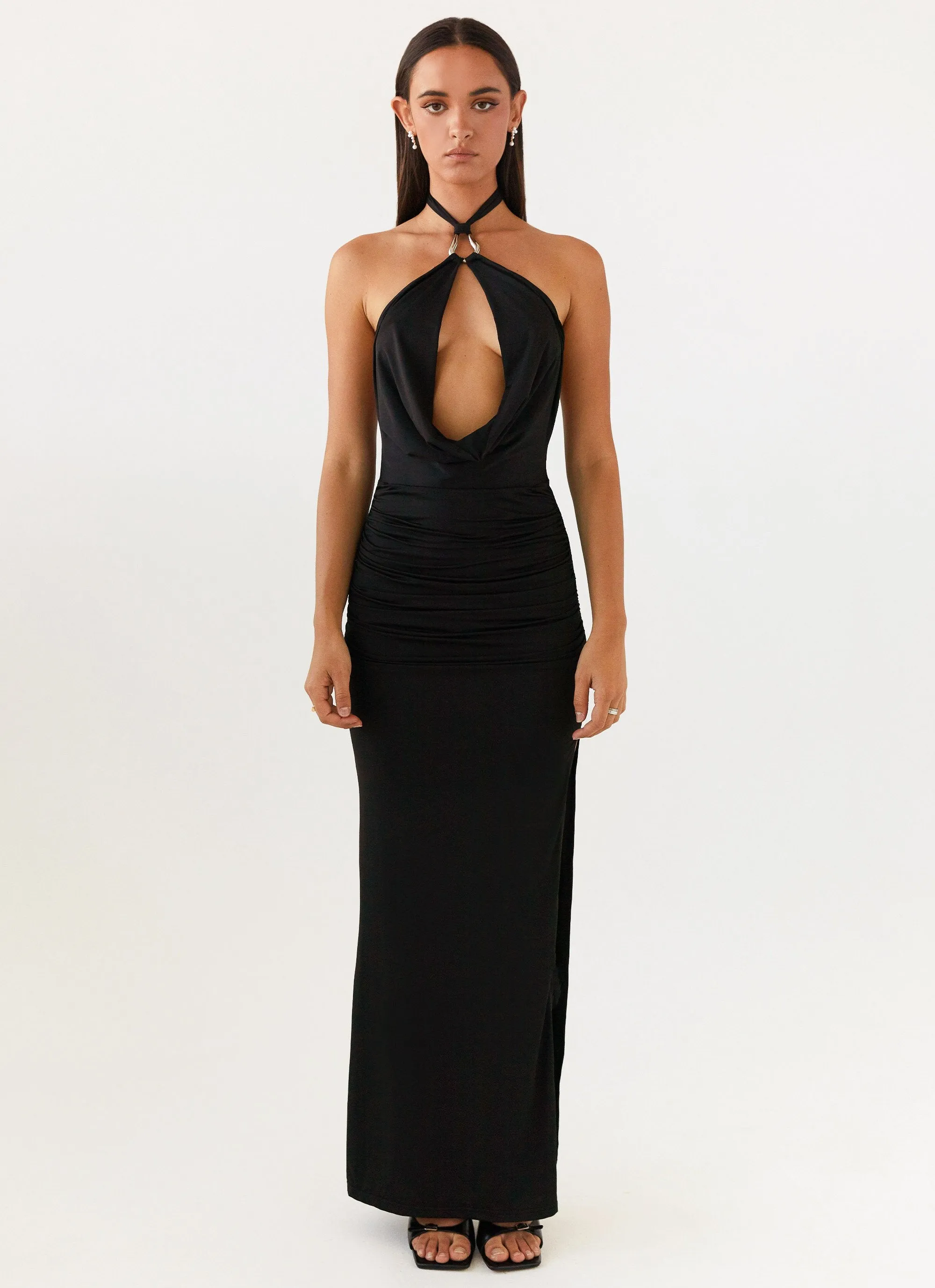 Stretchable Fabric Samara Halterneck Maxi Dress - Black