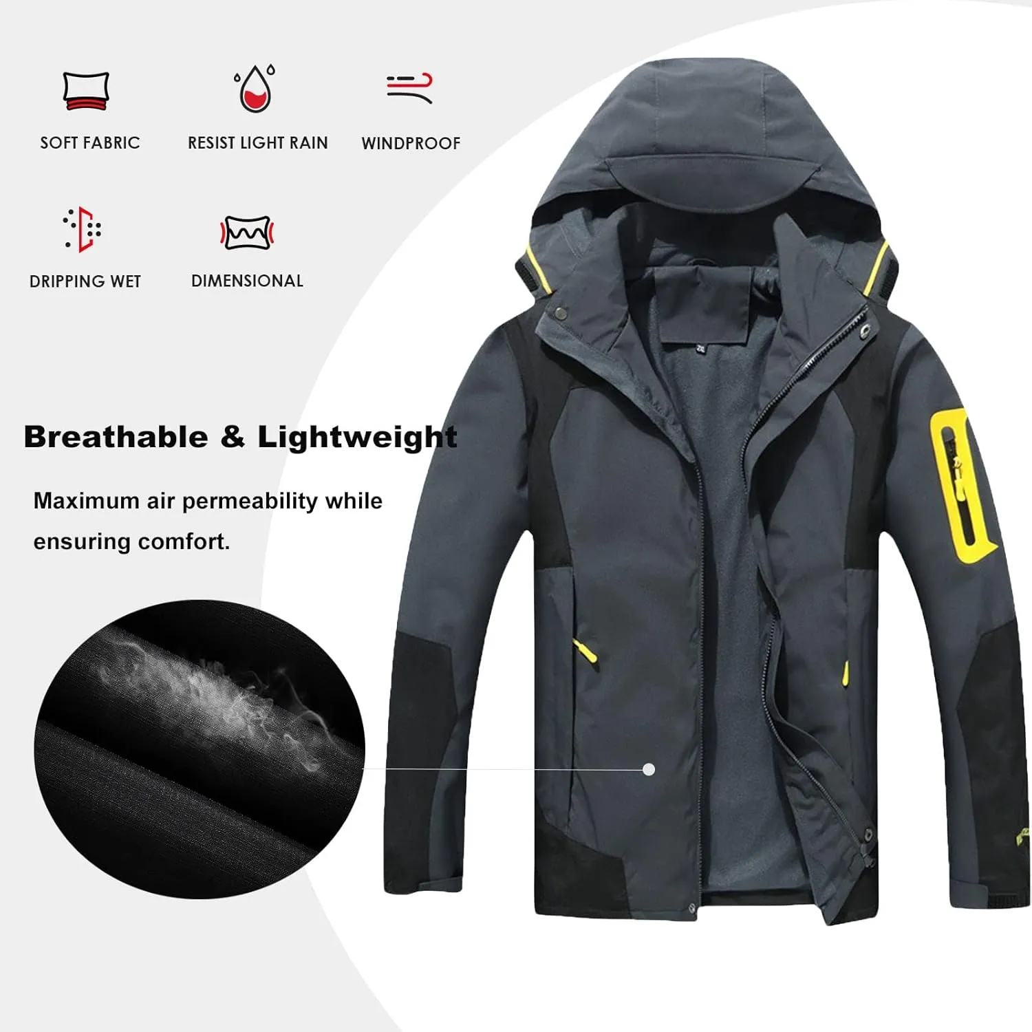 Rain Jacket for Men Lightweight Jacket with Detachable Hood Mountain Softshell Windbreaker Hiking Casual Raincoat