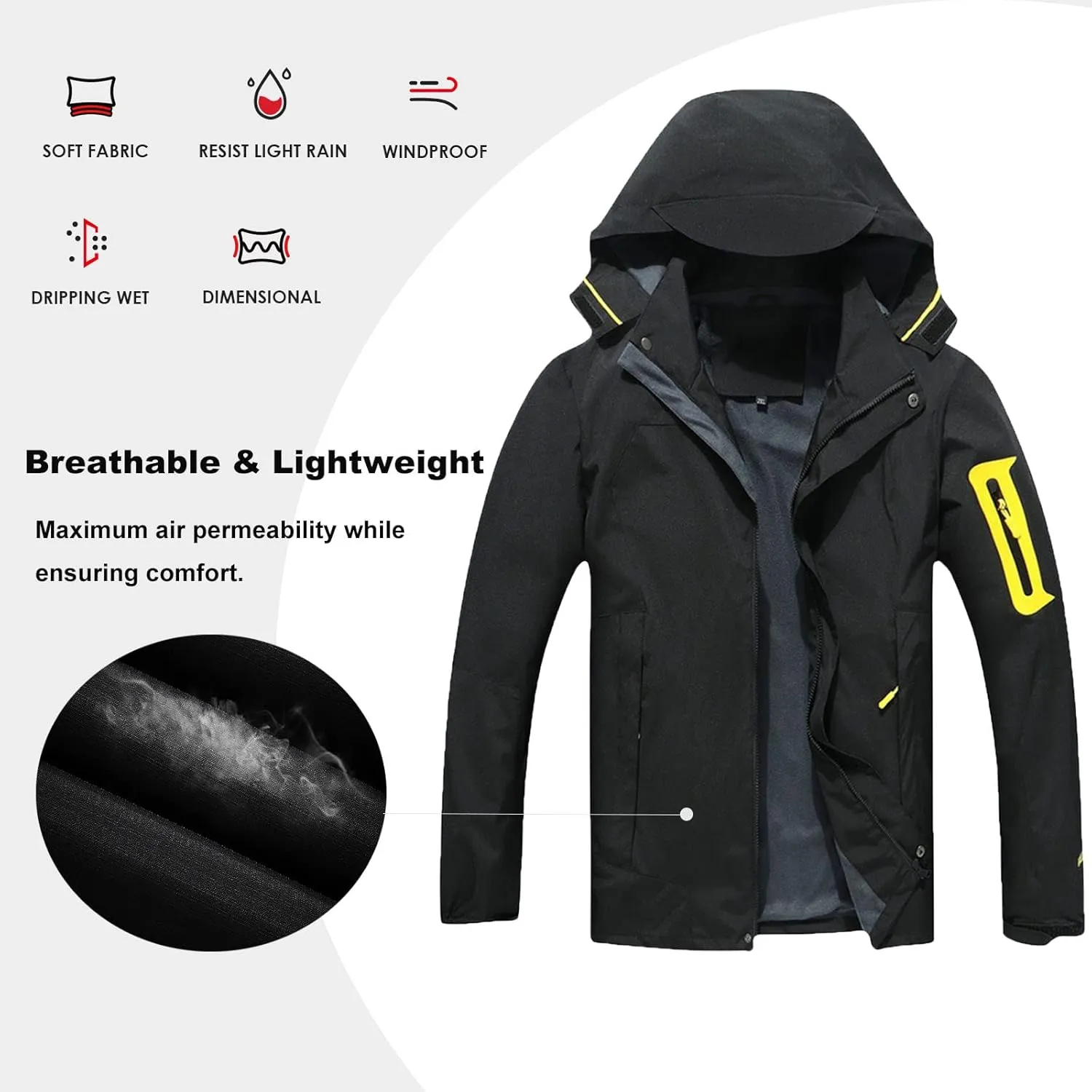 Rain Jacket for Men Lightweight Jacket with Detachable Hood Mountain Softshell Windbreaker Hiking Casual Raincoat