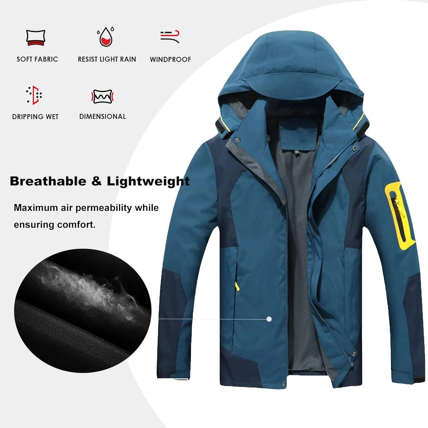 Rain Jacket for Men Lightweight Jacket with Detachable Hood Mountain Softshell Windbreaker Hiking Casual Raincoat