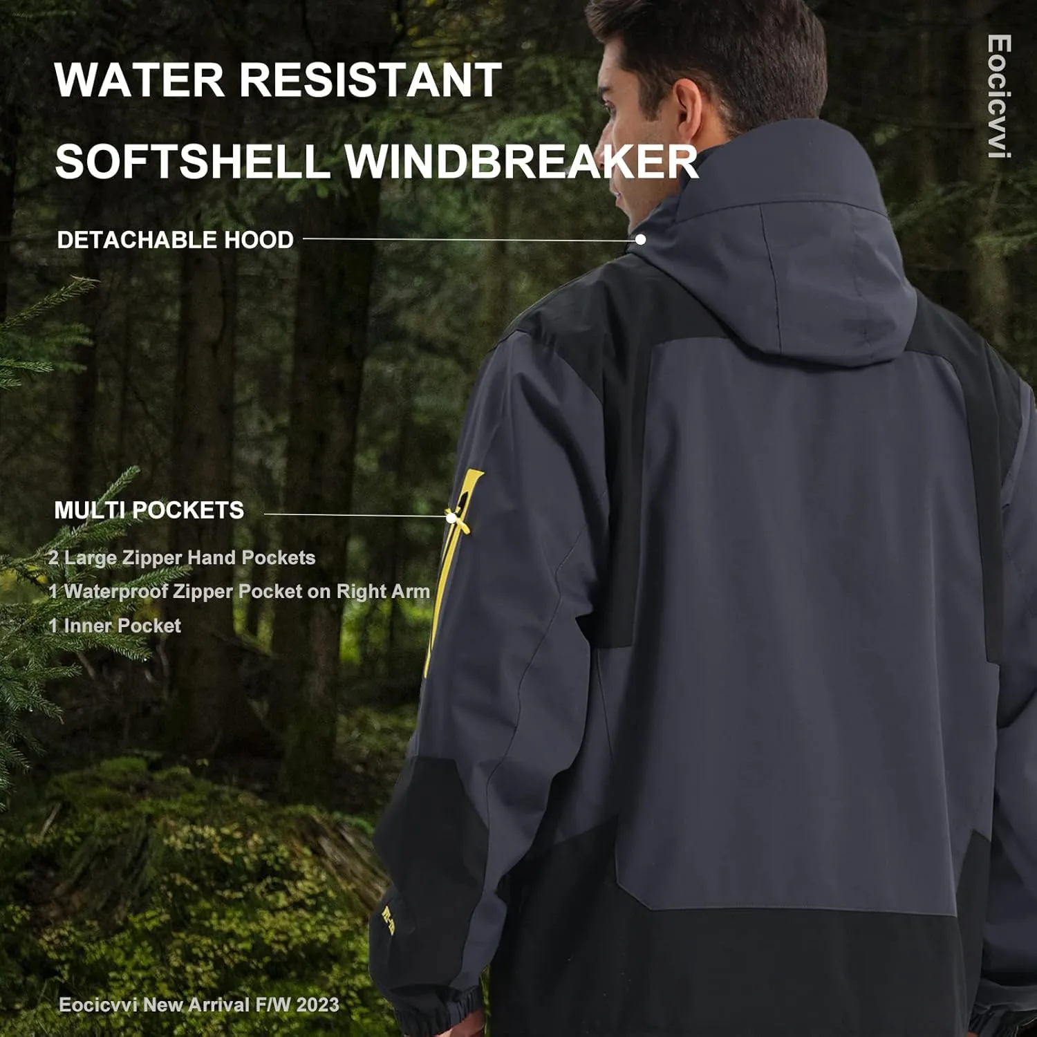 Rain Jacket for Men Lightweight Jacket with Detachable Hood Mountain Softshell Windbreaker Hiking Casual Raincoat