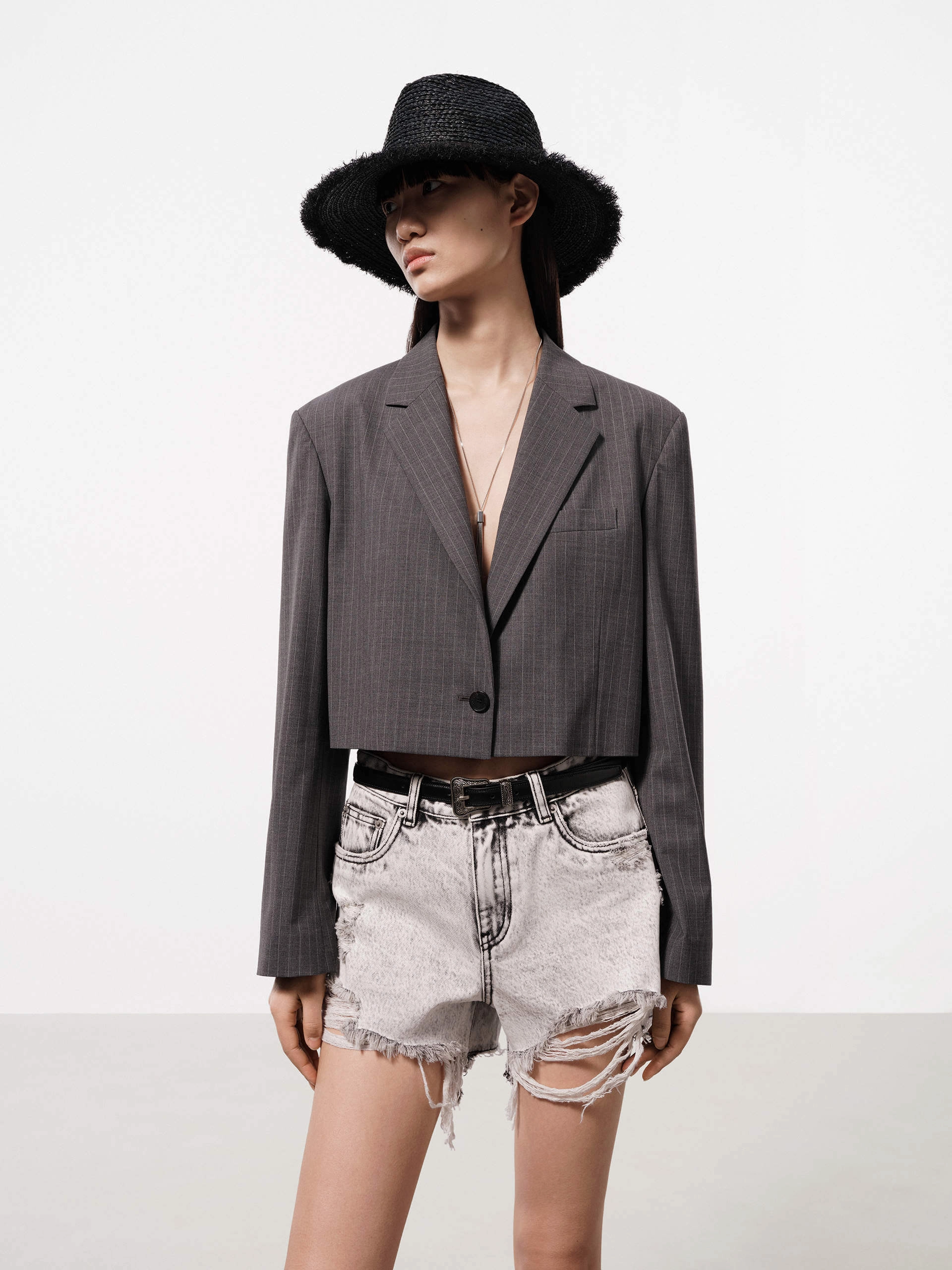 Cropped Wool Blend Blazer ExpandableSideGussets