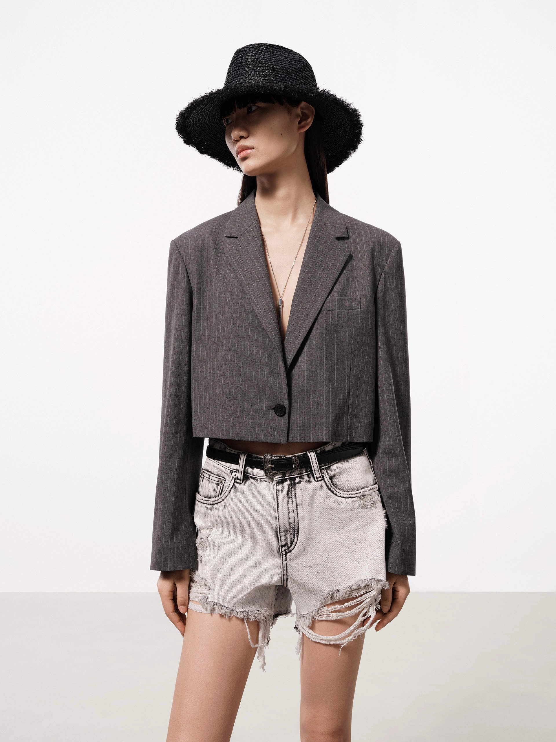 Three Layer Laminate Cropped Wool Blend Blazer