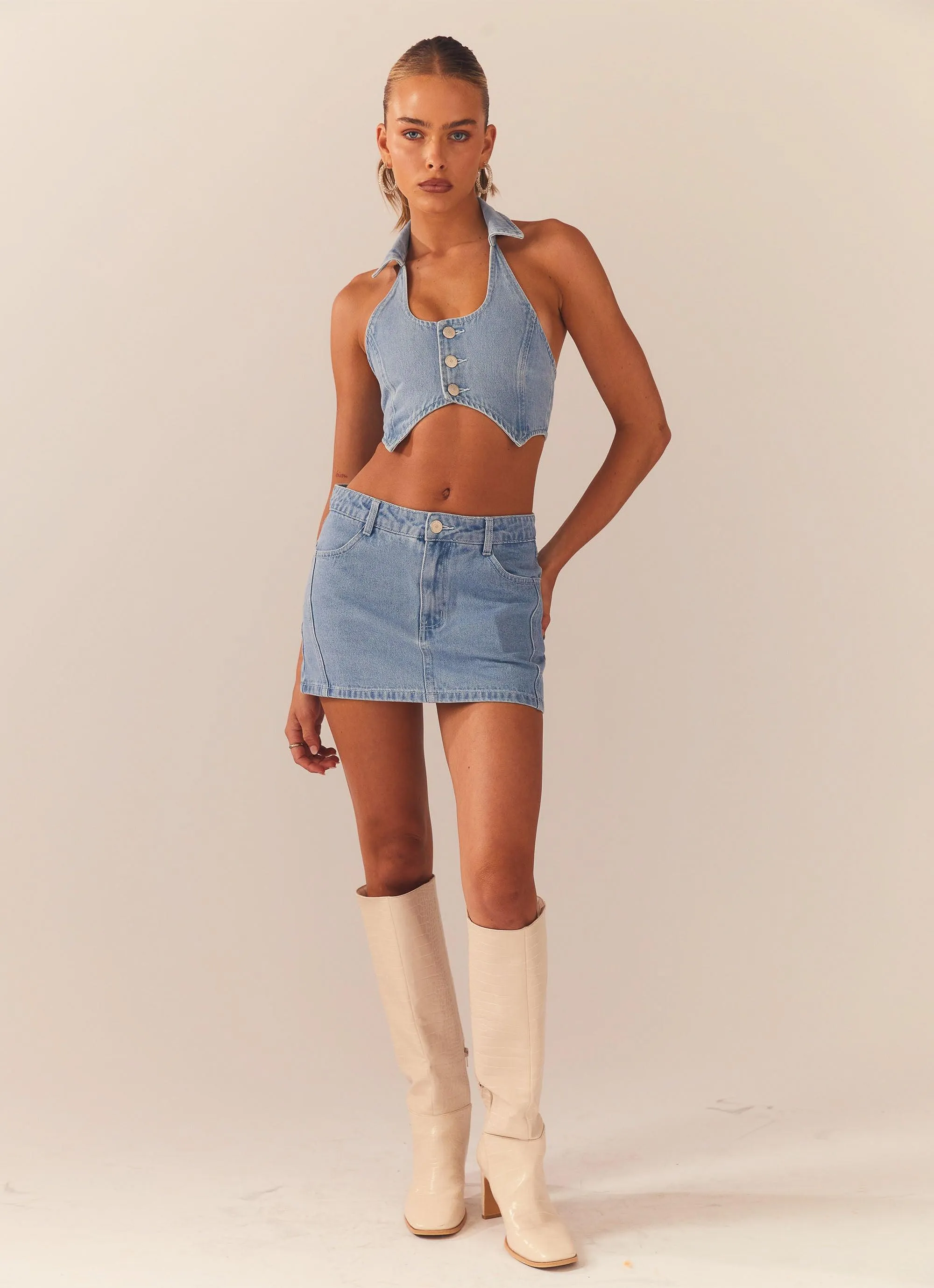 Backstage Pass Denim Vest top - Subdued Blue Basic Long Sleeve