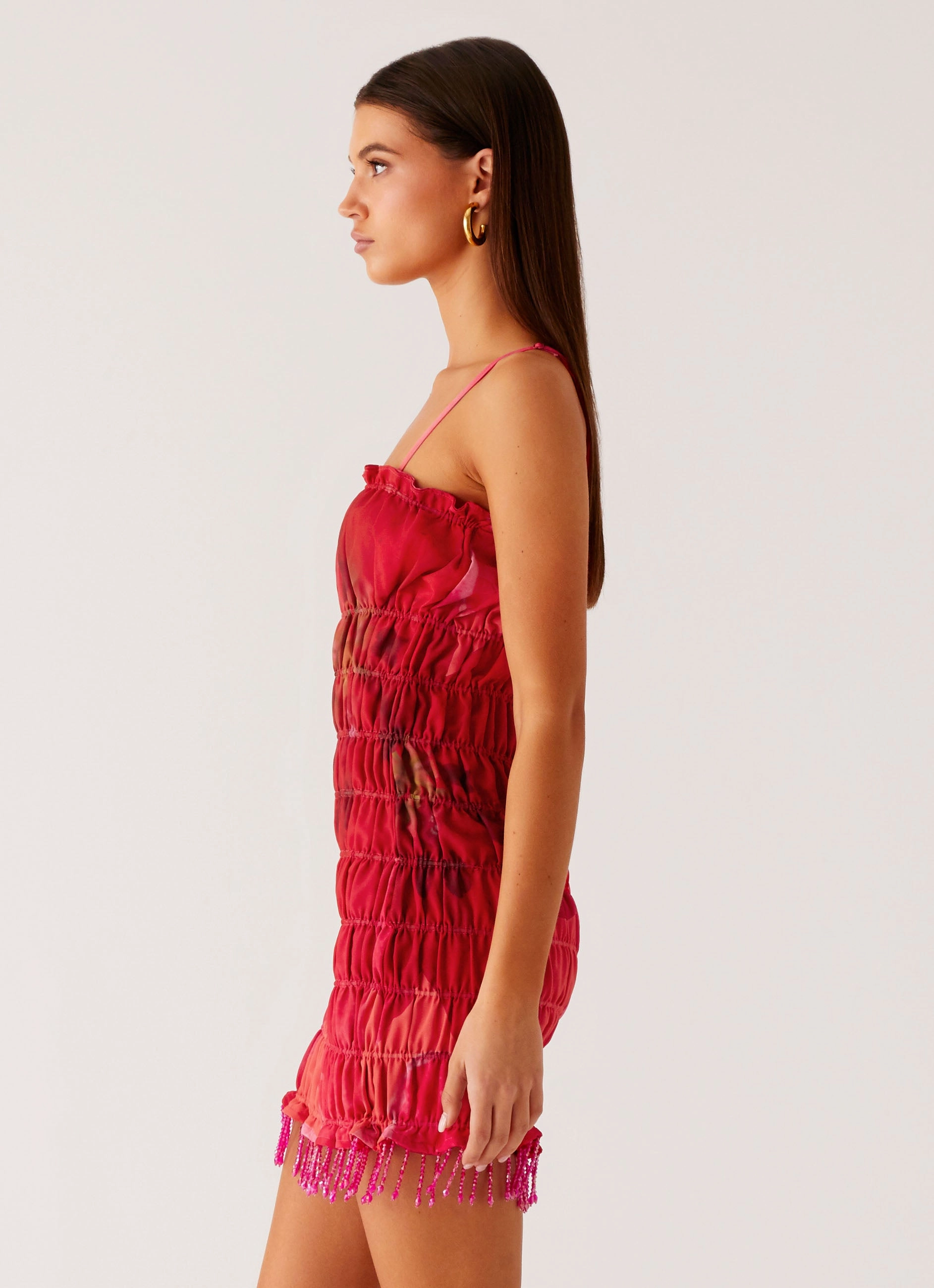 Vibrant color dress Lightweight warm-weather dress Refresh Me Chiffon Mini Dress - Peach Watermelon Flower