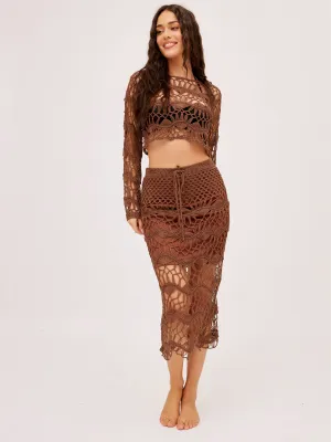Relaxed Motion Rolled Hem Cora Crochet Midi Skirt / Brown