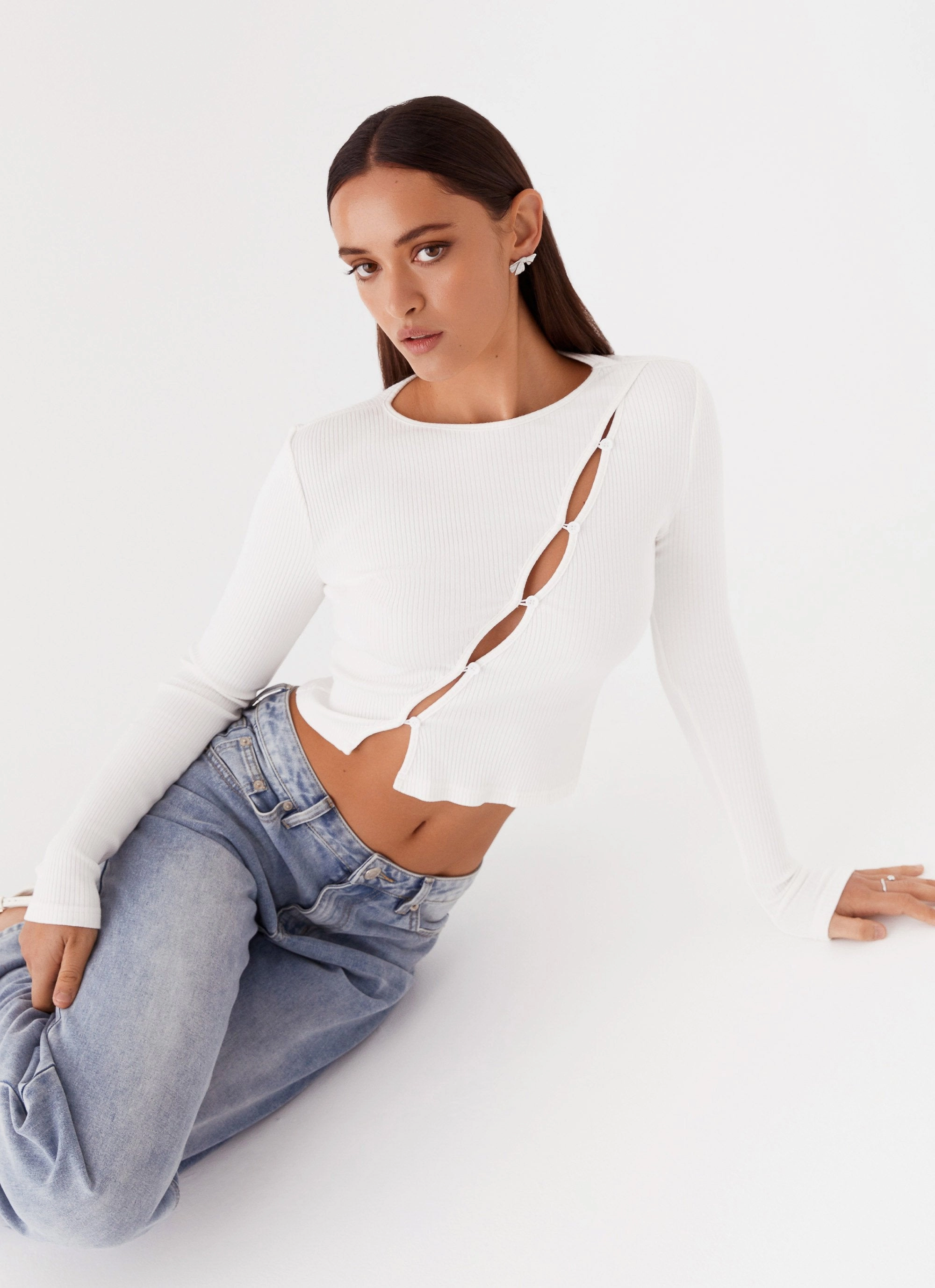High Collar Protection Design Cassius Long Sleeve Top - Ivory
