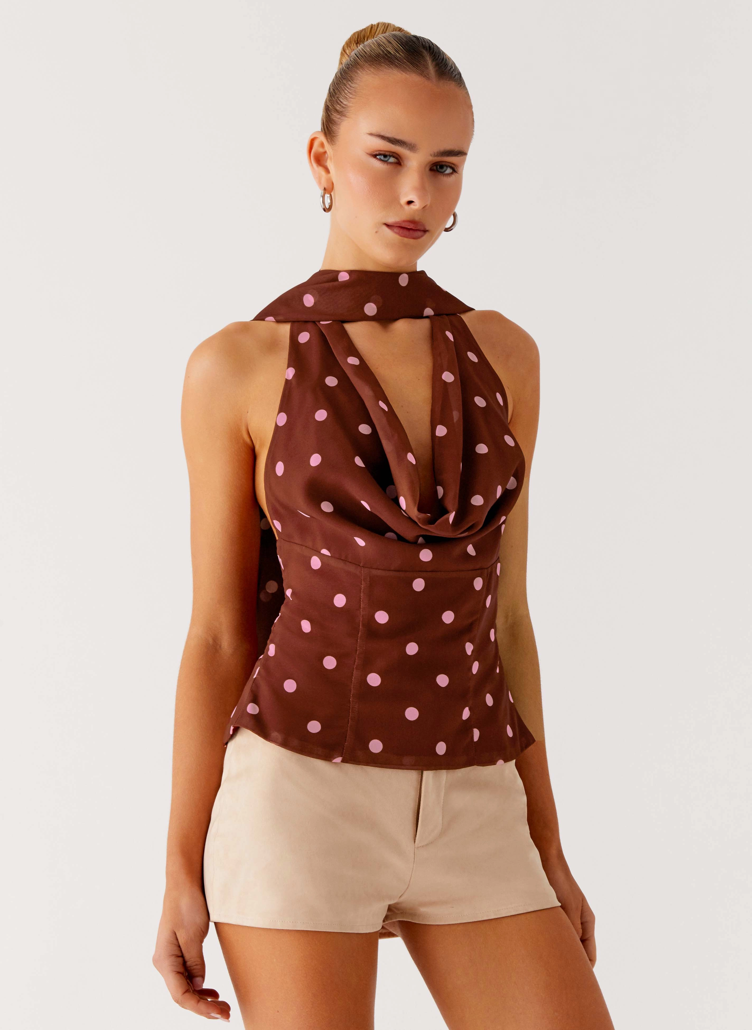 Stealing Love Scarf Top - Chocolate Strawberry Dot Layered Hem Detailing