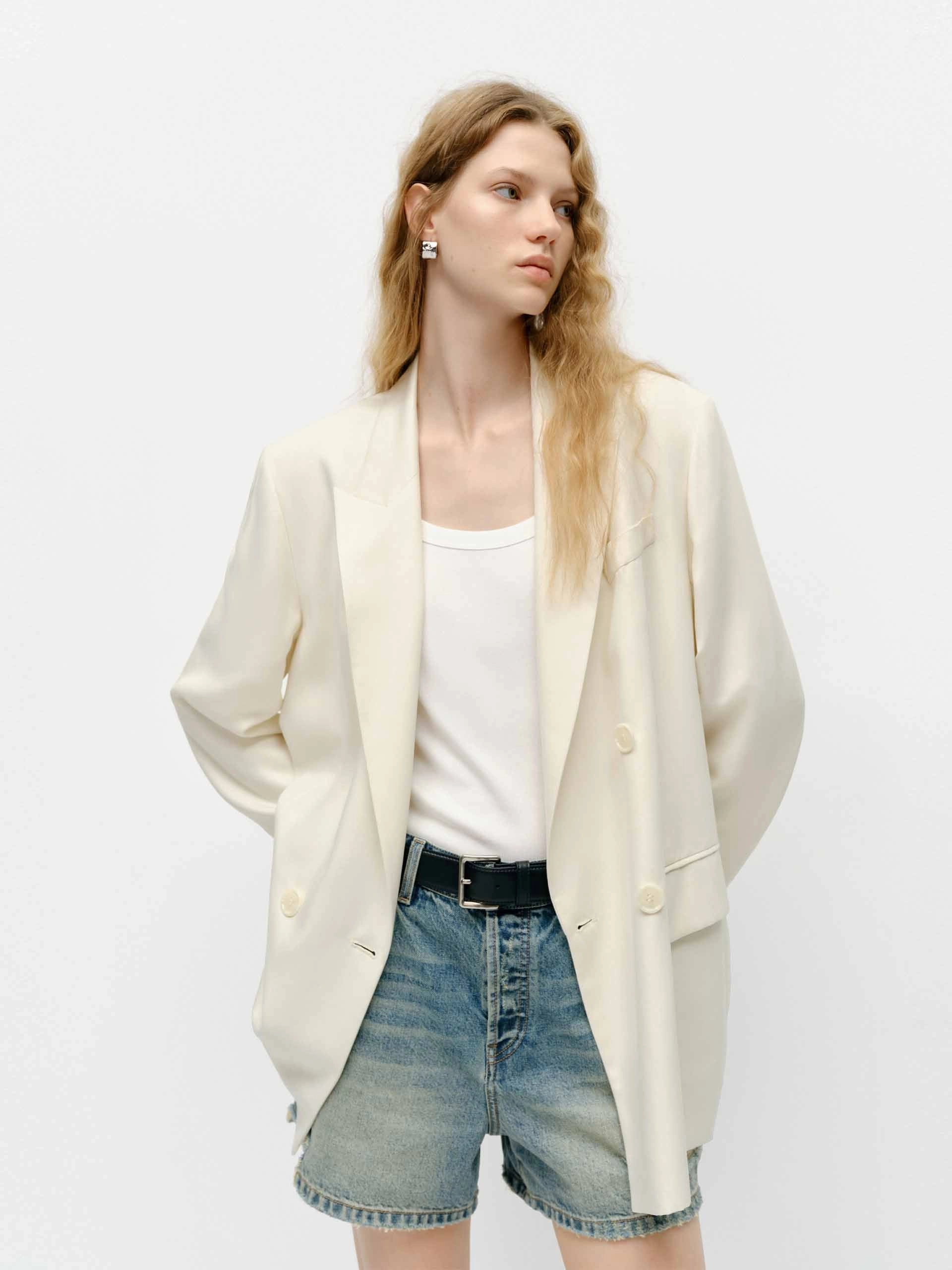 Double stitching Adaptive Layering System Relaxed Double Breasted Blazer