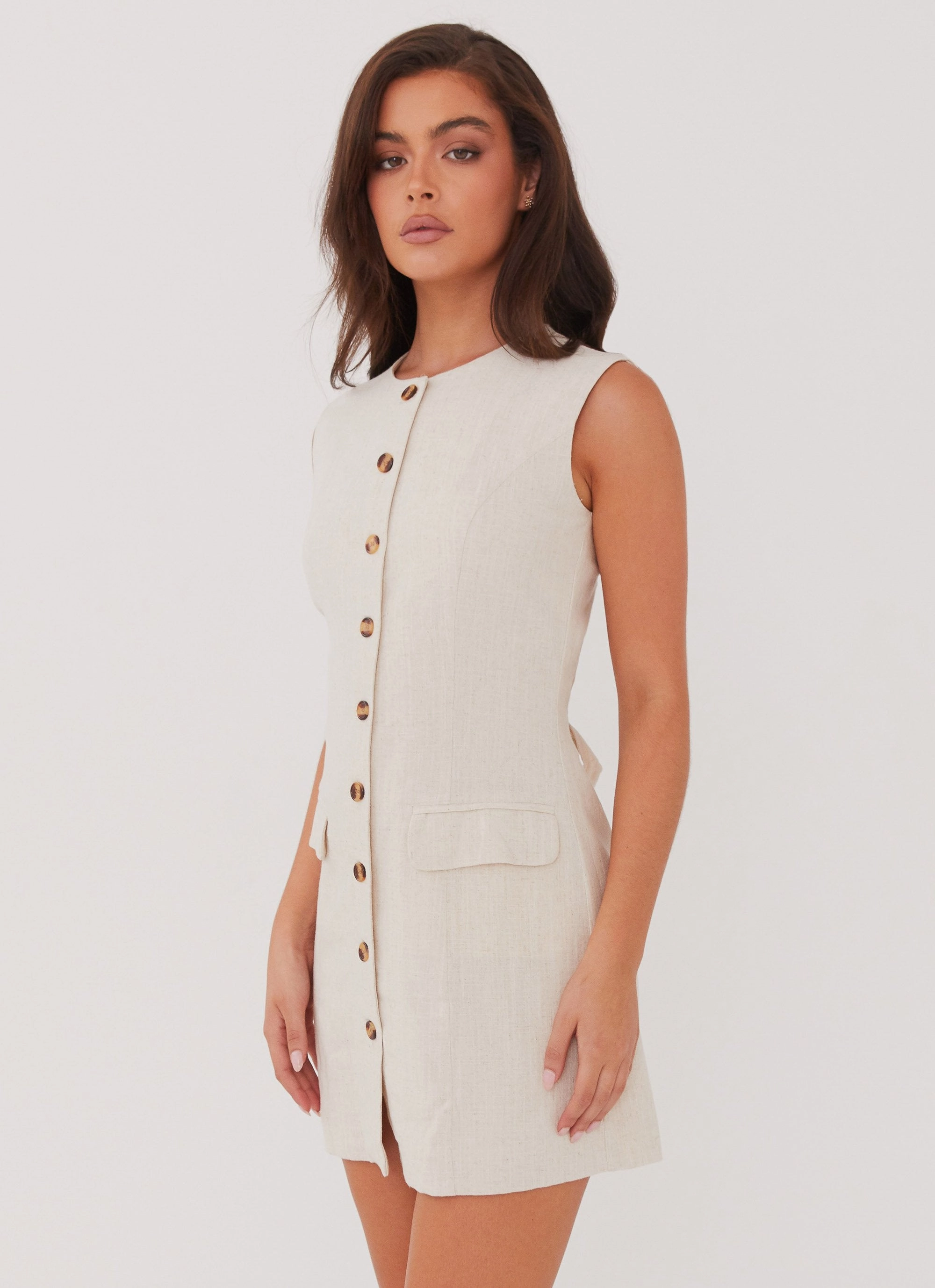 Castello Fiore Linen Mini Dress - Oatmeal Square Neck Soft Vibes