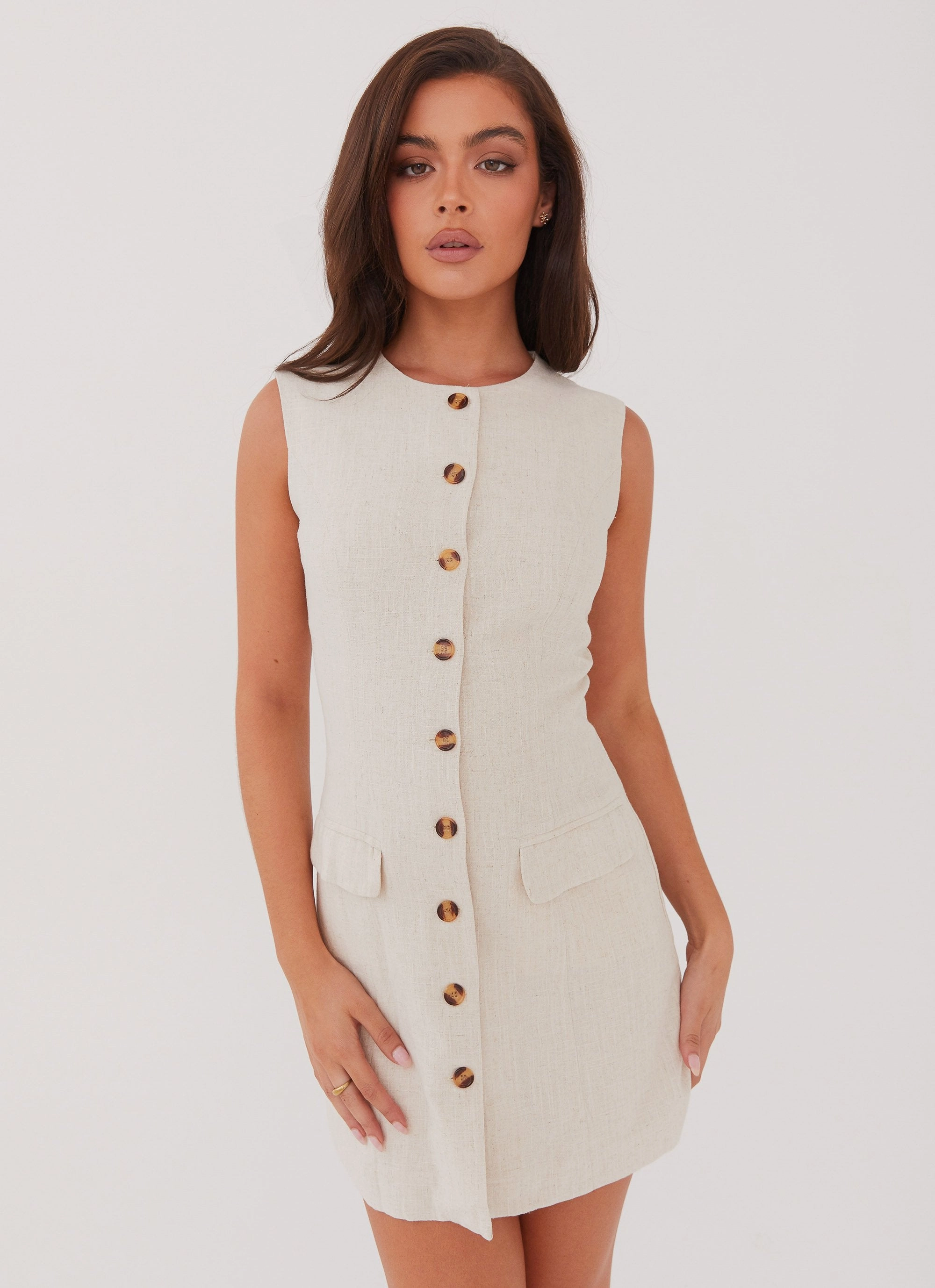 Cut-Out-Detail Castello Fiore Linen Mini Dress - Oatmeal