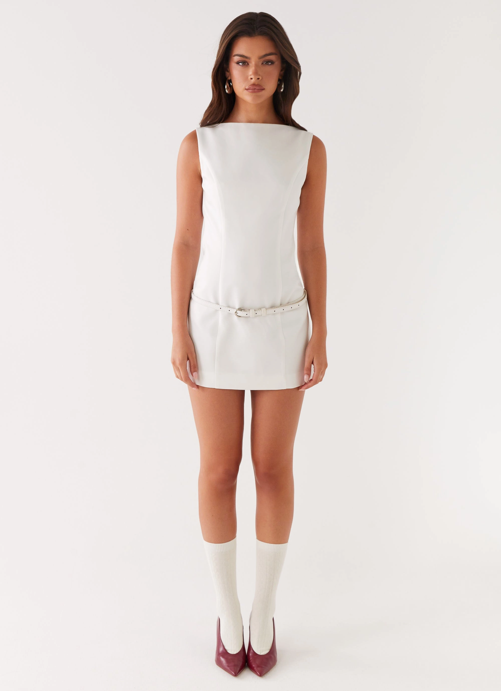 Jaci Mini Dress - White Tactile Feel Elastic-Waist