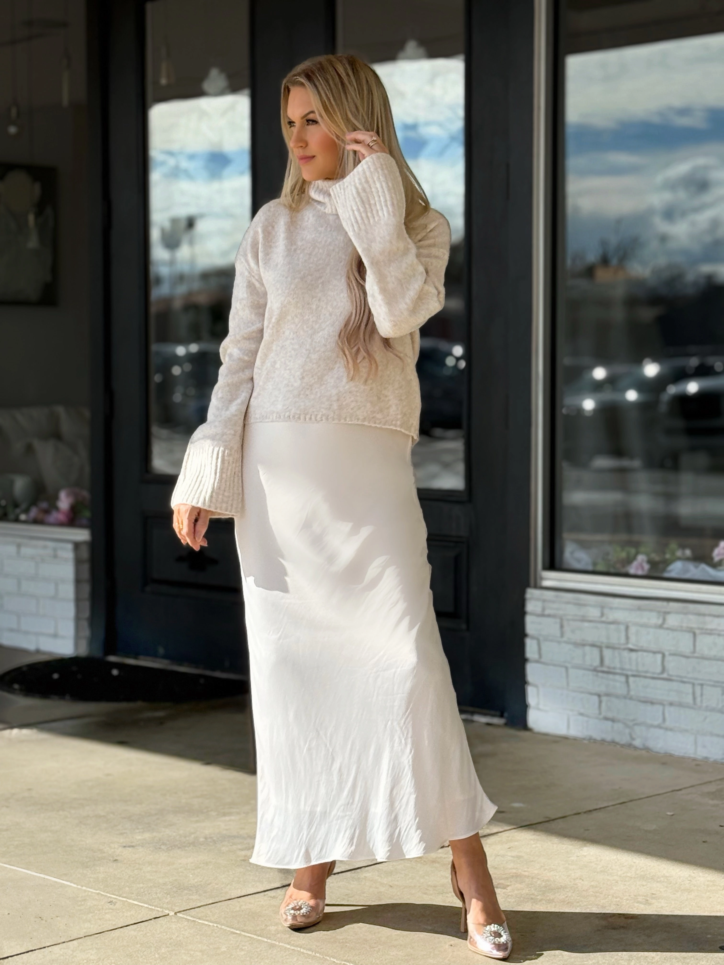 MoistureWickingMaterial Europa Luxe Sheen Midi Skirt - Sea Salt