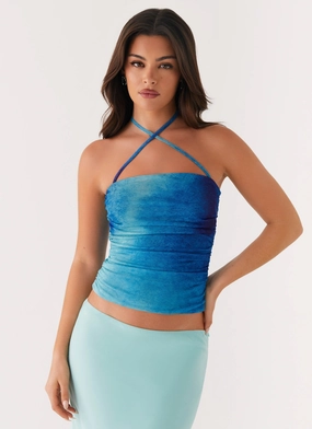 Remedy Halter Top - Blue Tie Dye DurableDoubleLayeredHem Lightweight Material