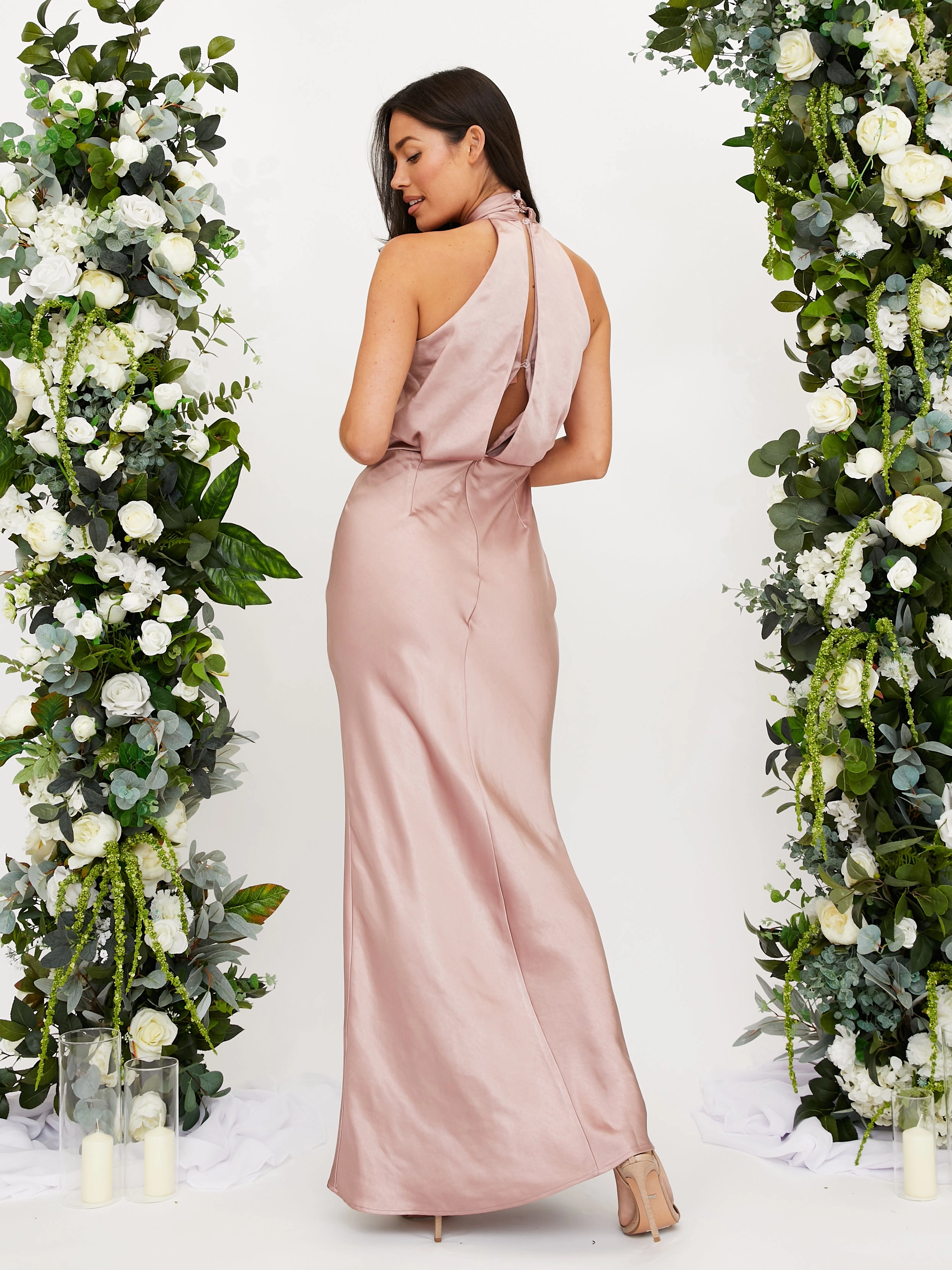 Flattering Shape Wear Twist Neck Satin Maxi Dress / Blush