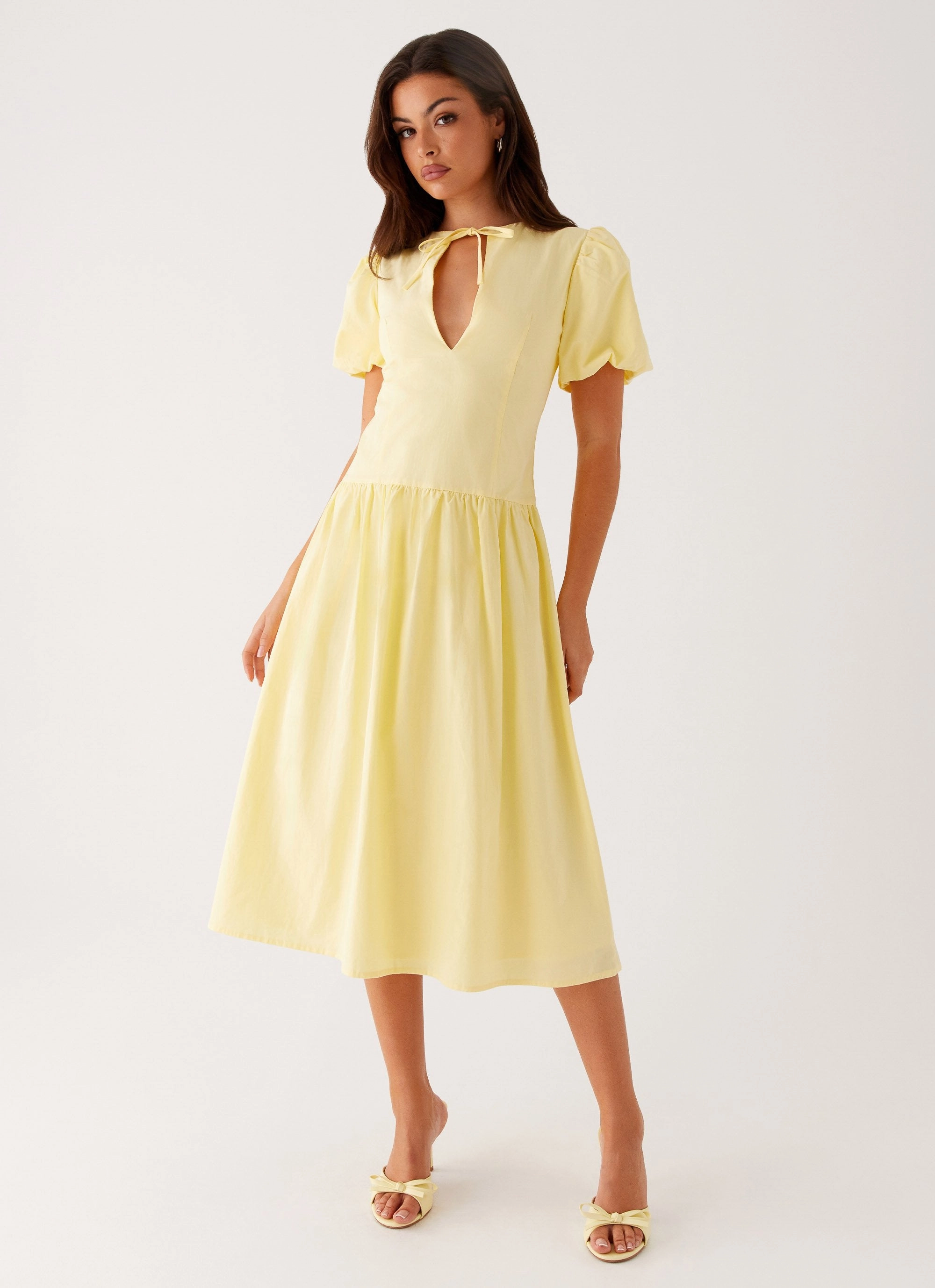 Reyna Midi Dress - Yellow Button-Cuff Delicate Mood