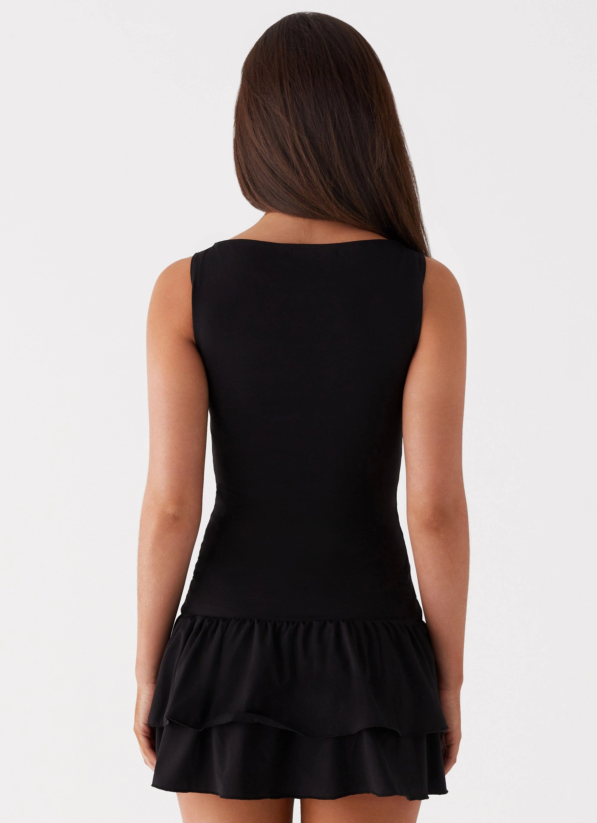 Rhiannon Frill Mini Dress - Black Luxe Fabric Spring Vibe