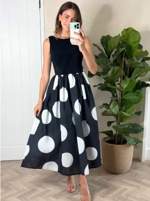 Breathable Material Rhoda Black and White Polka Dot Midi Dress