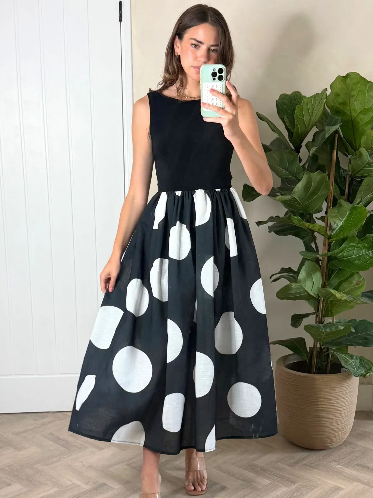 Rhoda Black and White Polka Dot Midi Dress Fashionable Comfort Wear Daily Movement