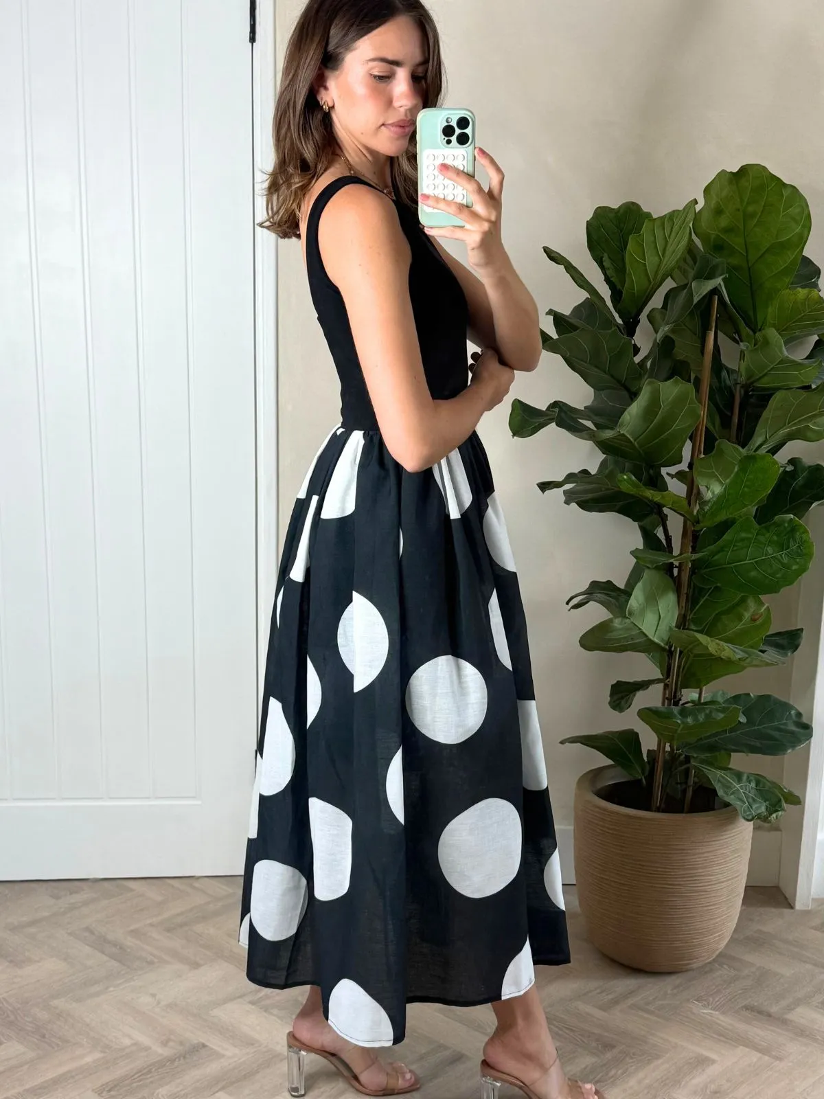 Silky-Lining Rhoda Black and White Polka Dot Midi Dress