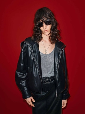 Ribbed Neckline Leather Down Jacket Daily Commute