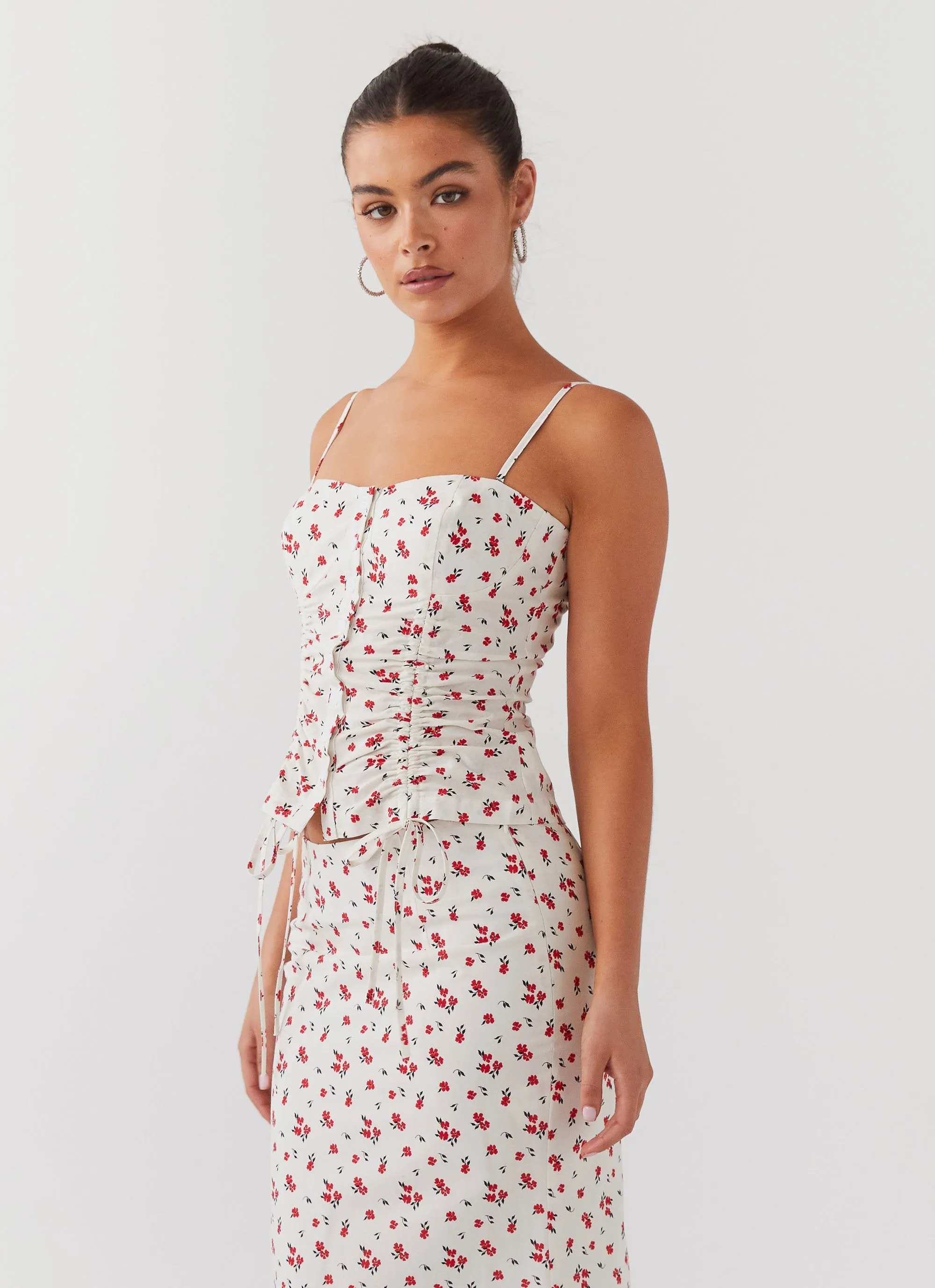 Ariana Linen Bustier Top - Poppy Floral Fray Resistant Edges TemperatureRegulating Fabric