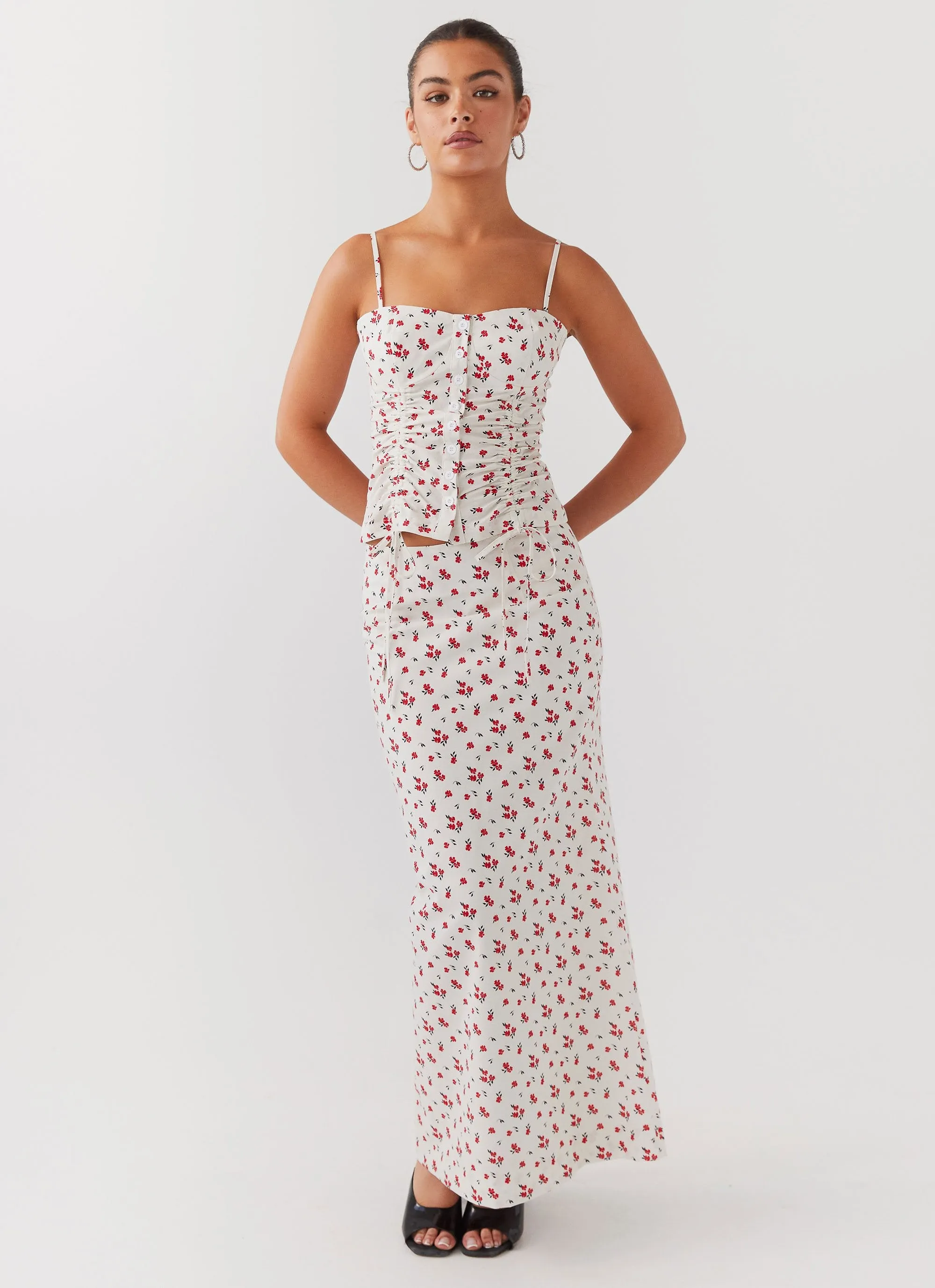 Ariana Linen Bustier Top - Poppy Floral Durable Overlock Stitch Anti Static Treatment