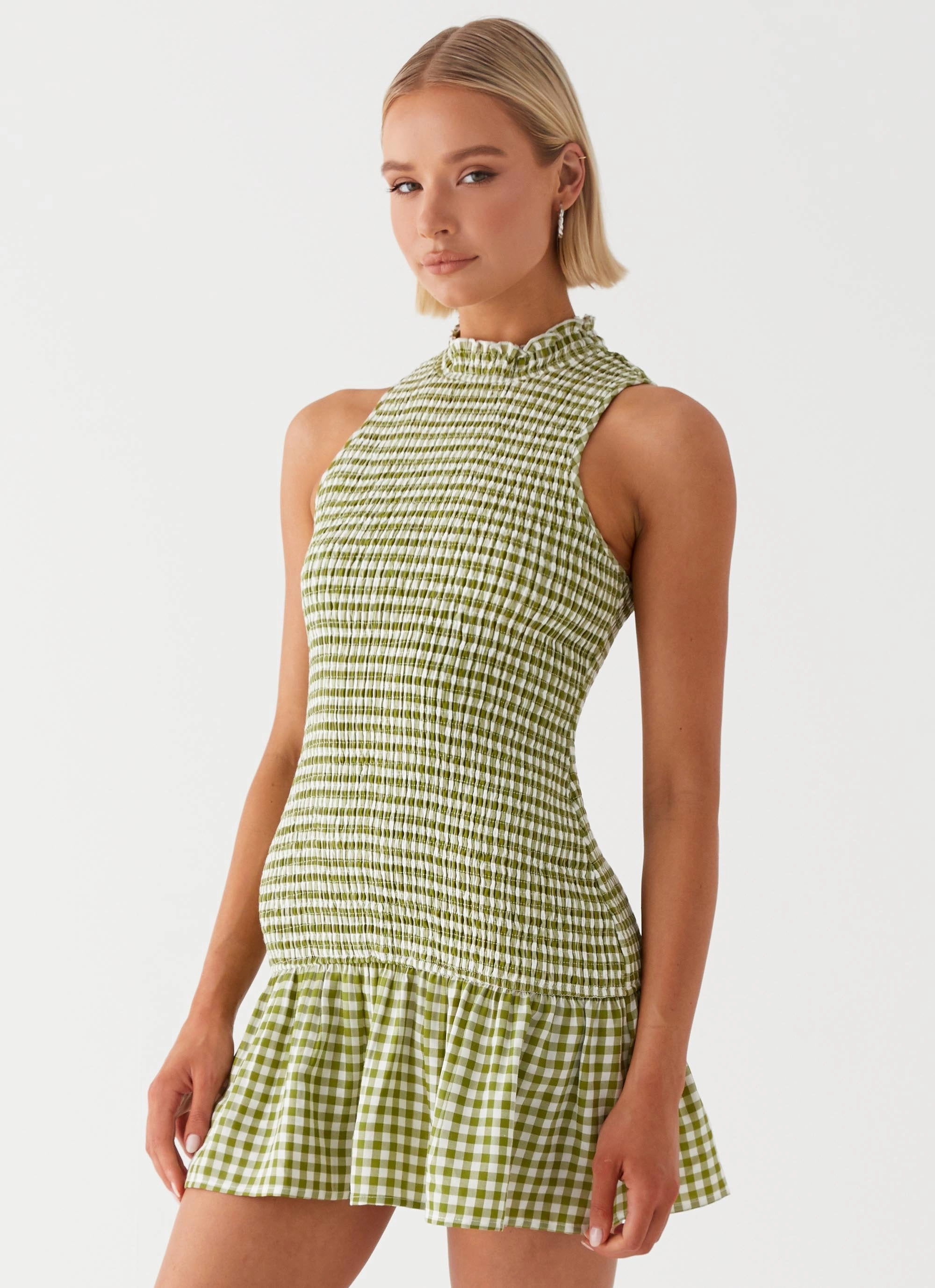 Best-Seller Cassie shirred Mini Dress - Khaki Gingham