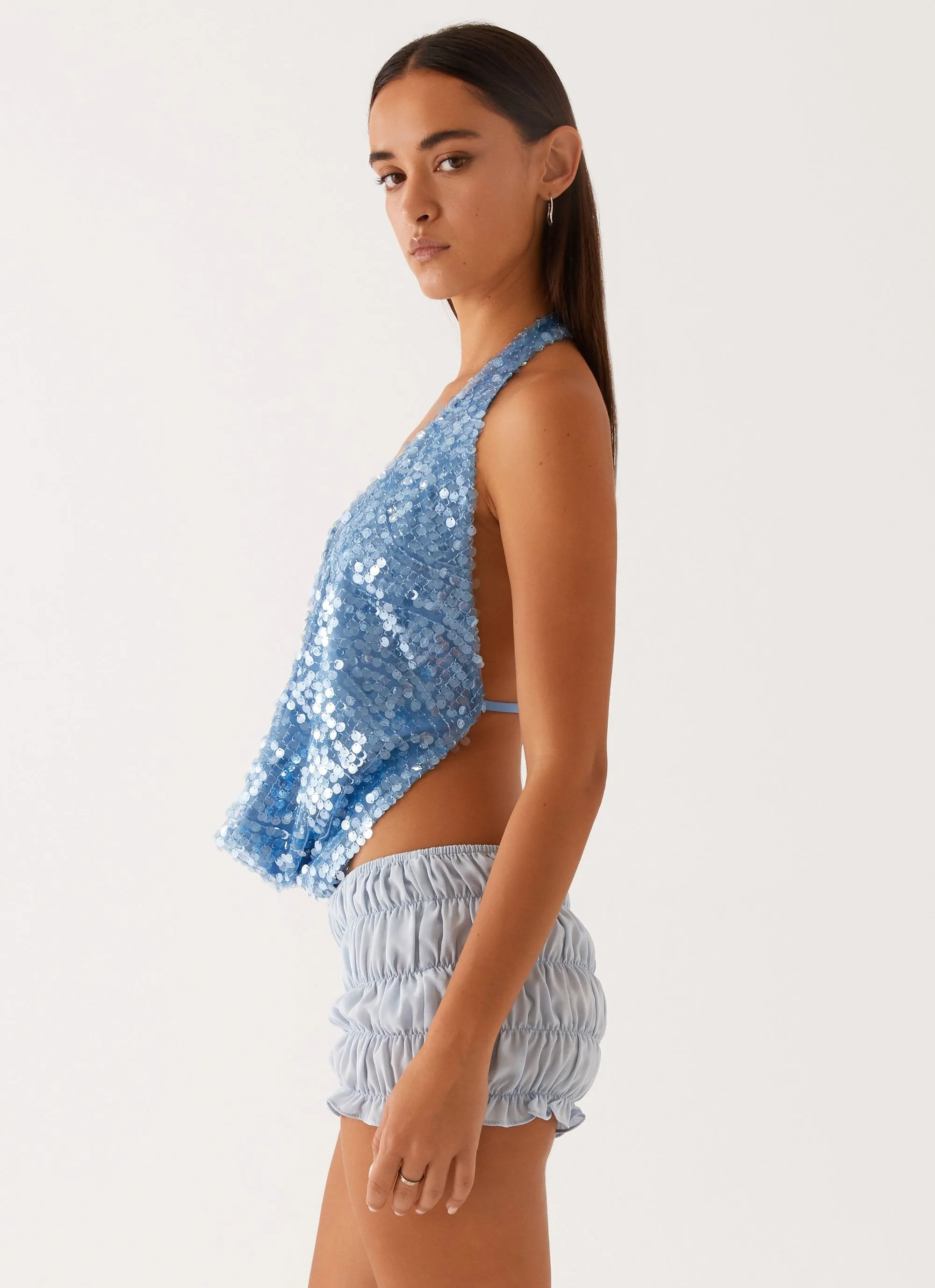 FlexibleMobility NonIrritating Seams Rio Dreams Cowl Neck Halter Top - Blue