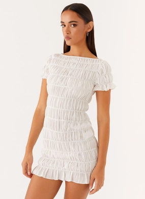 Rita Ruched Mini Dress - White Match Quick Bow-Detail
