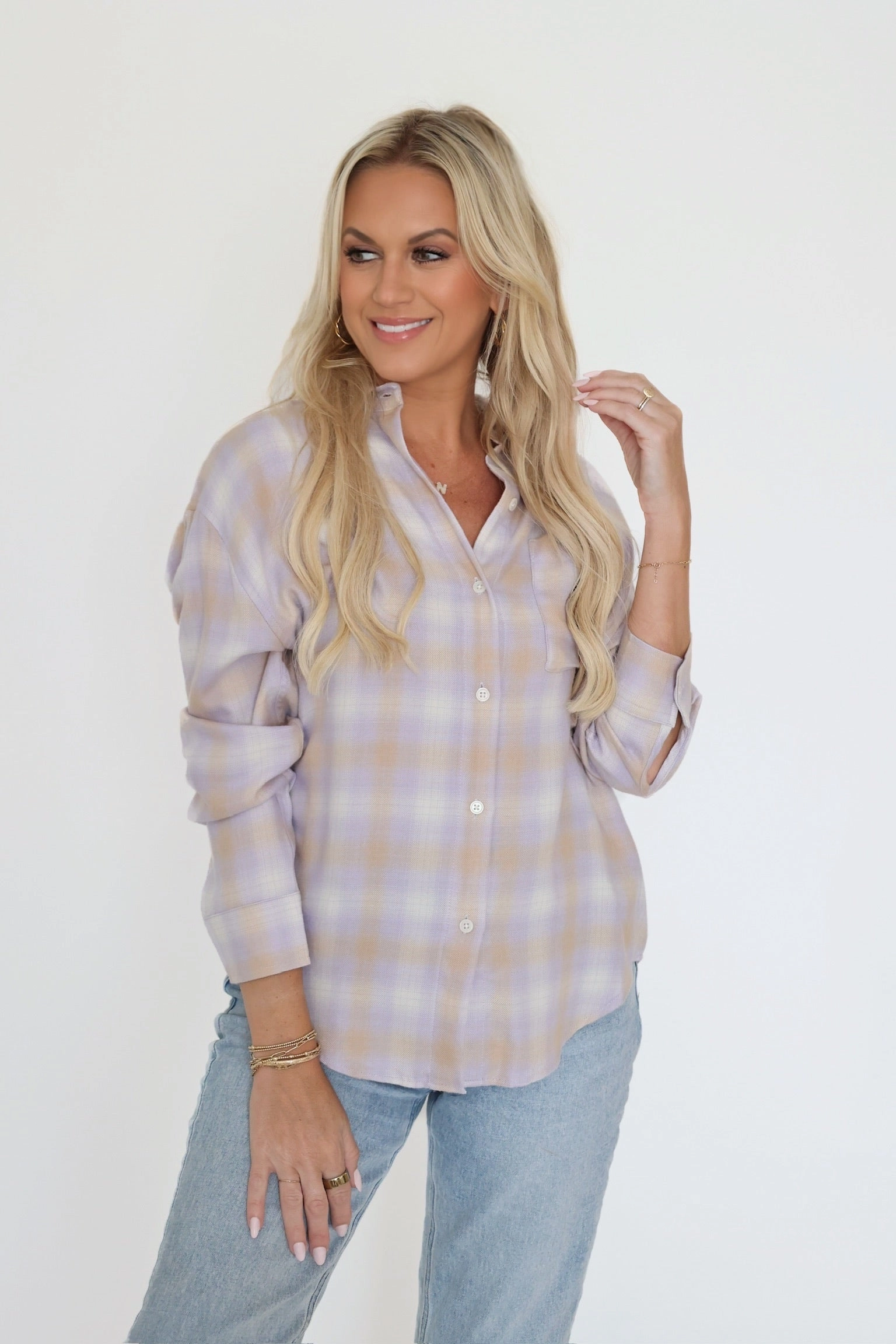 Anti Pilling Treatment River Plaid Button Up - Lavender Ice