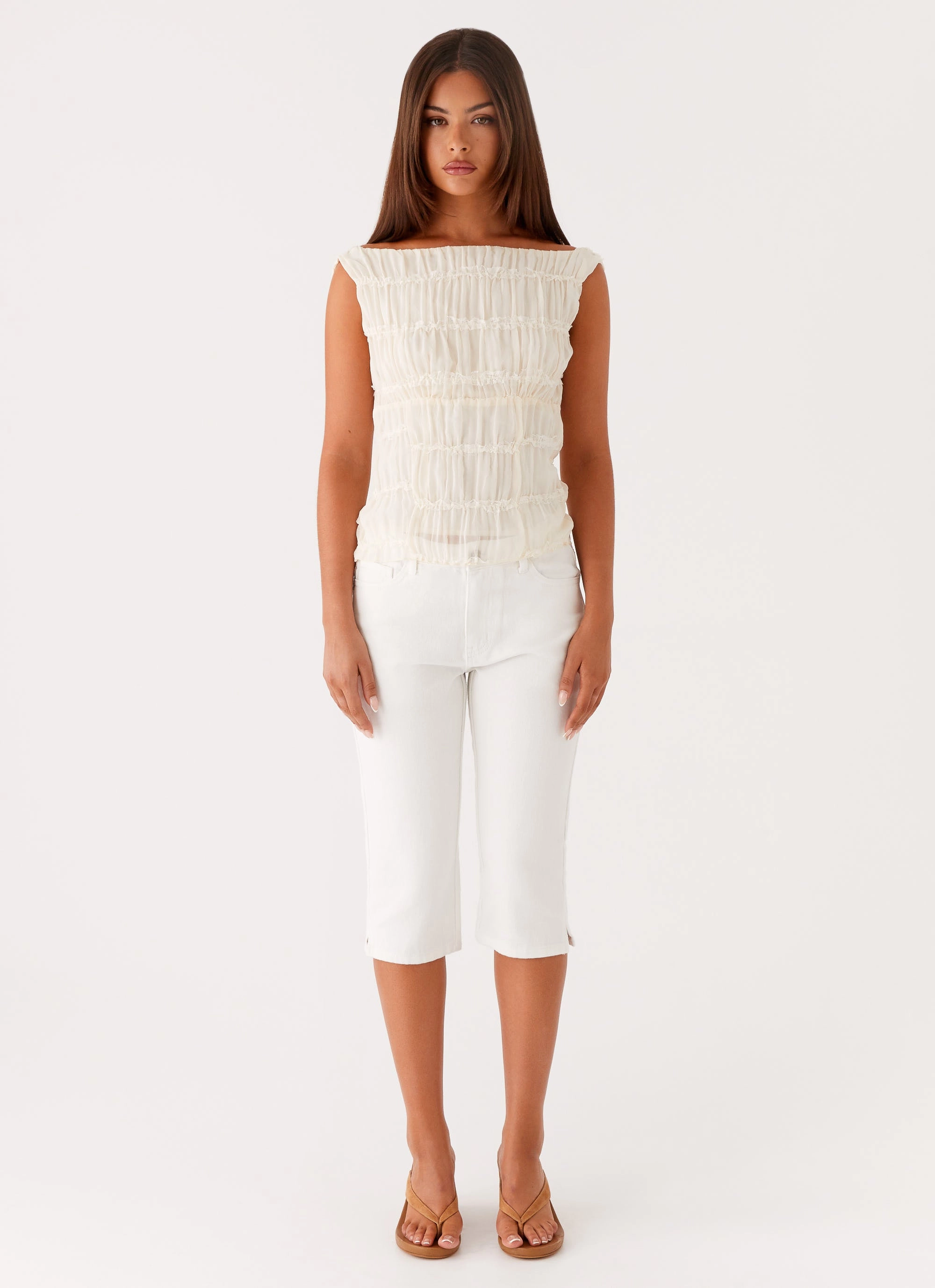 Tailored Fit Formal Classic Wear Loose Rocco Denim Capri Pants - Off White