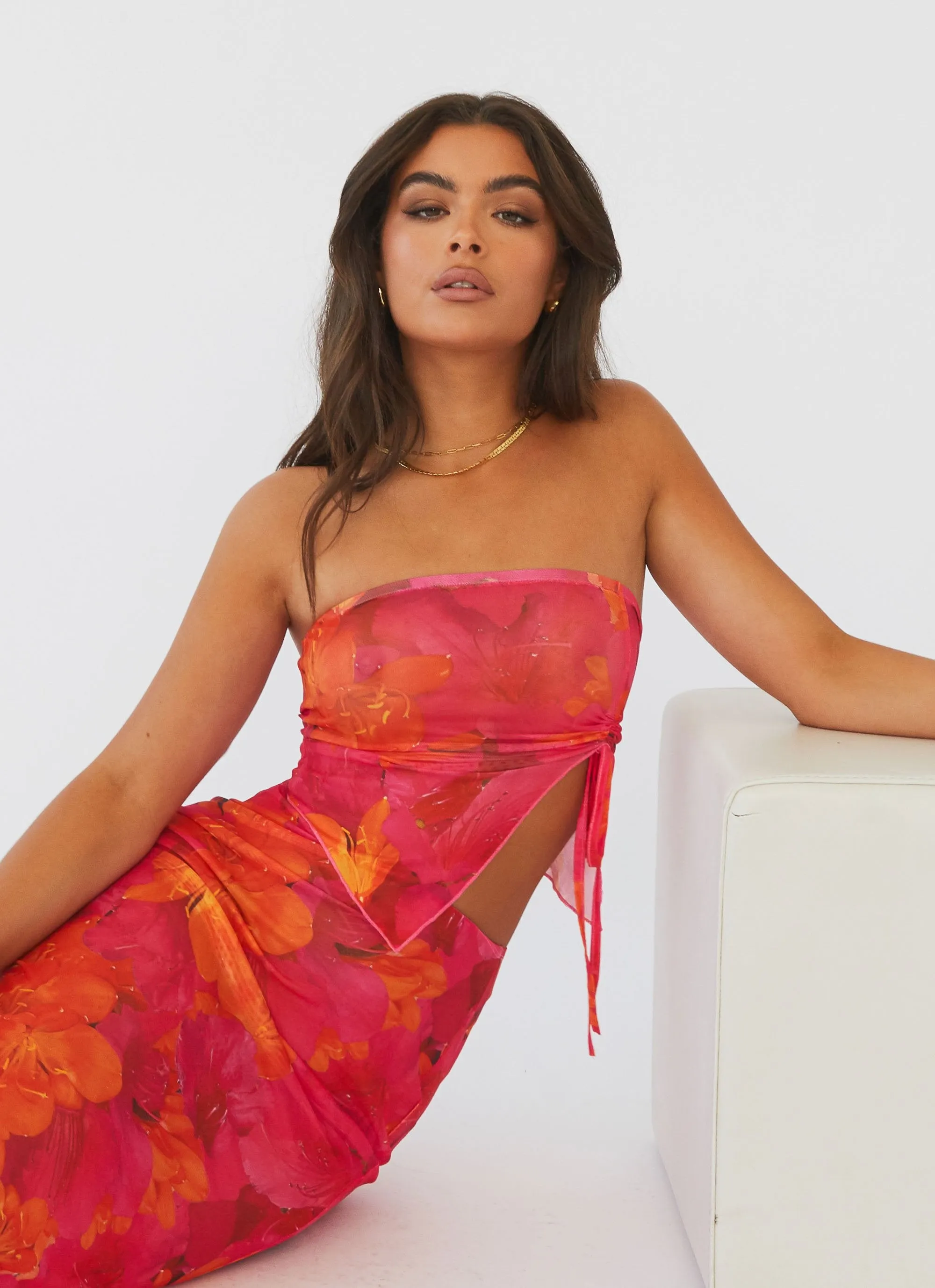 Hot Weather High Collar Option Rooftop Party Mesh Tube Top - Floral Sun