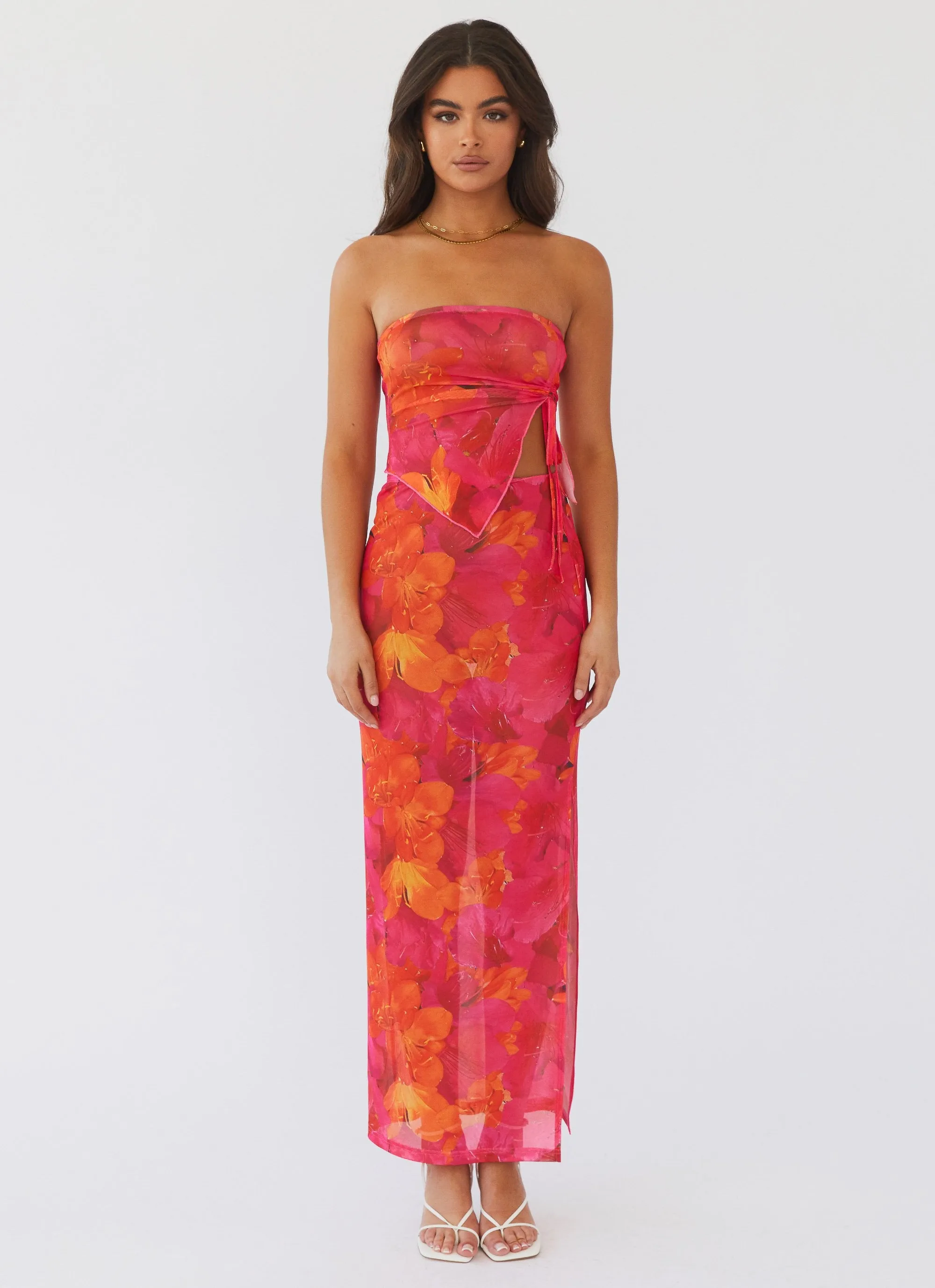 Rooftop Party Mesh Tube Top - Floral Sun DropShoulderConstruction LowImpact Manufacturing