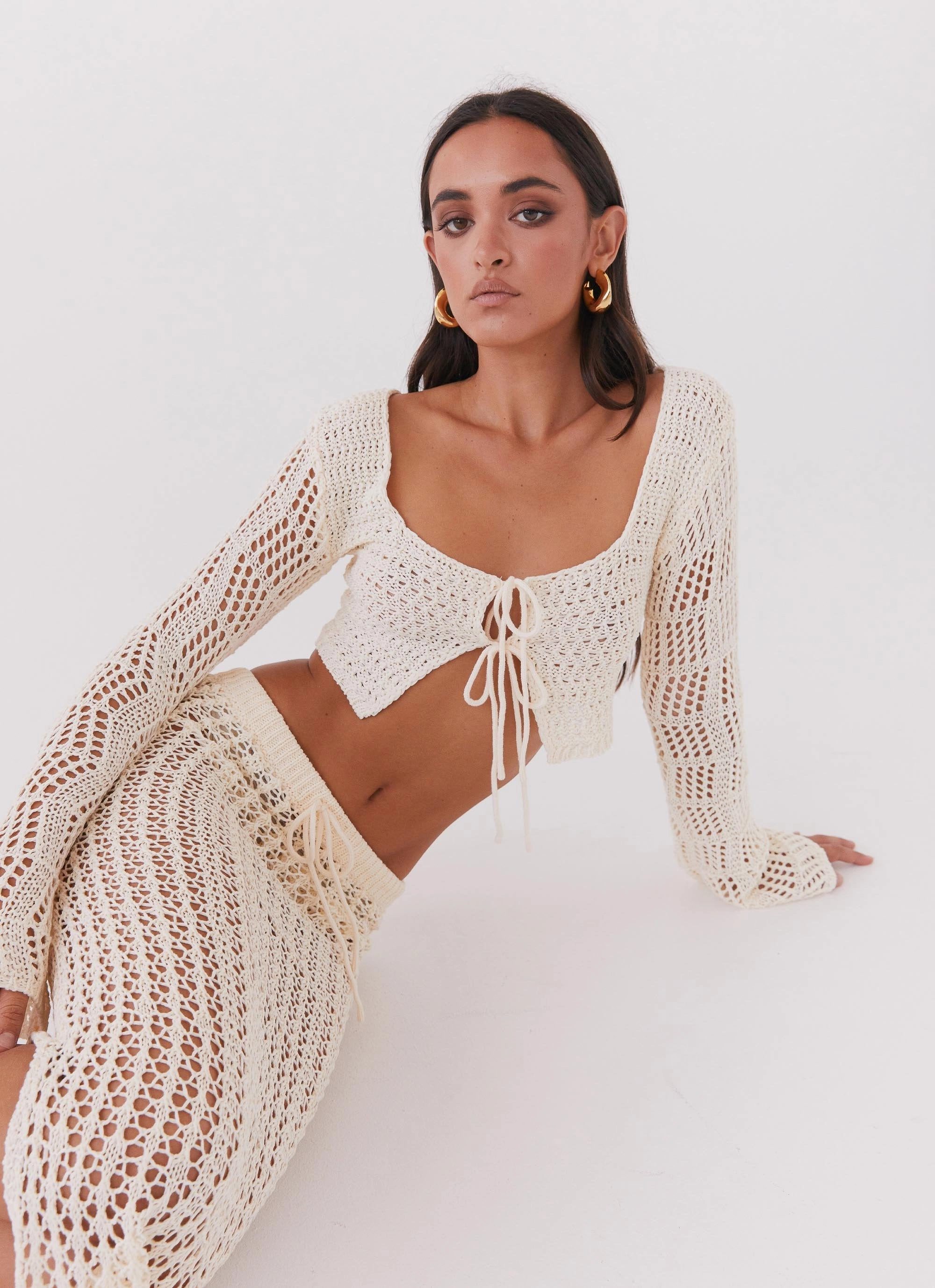 Rosalina Crochet Long Sleeve Top - Natural Wet Wicking