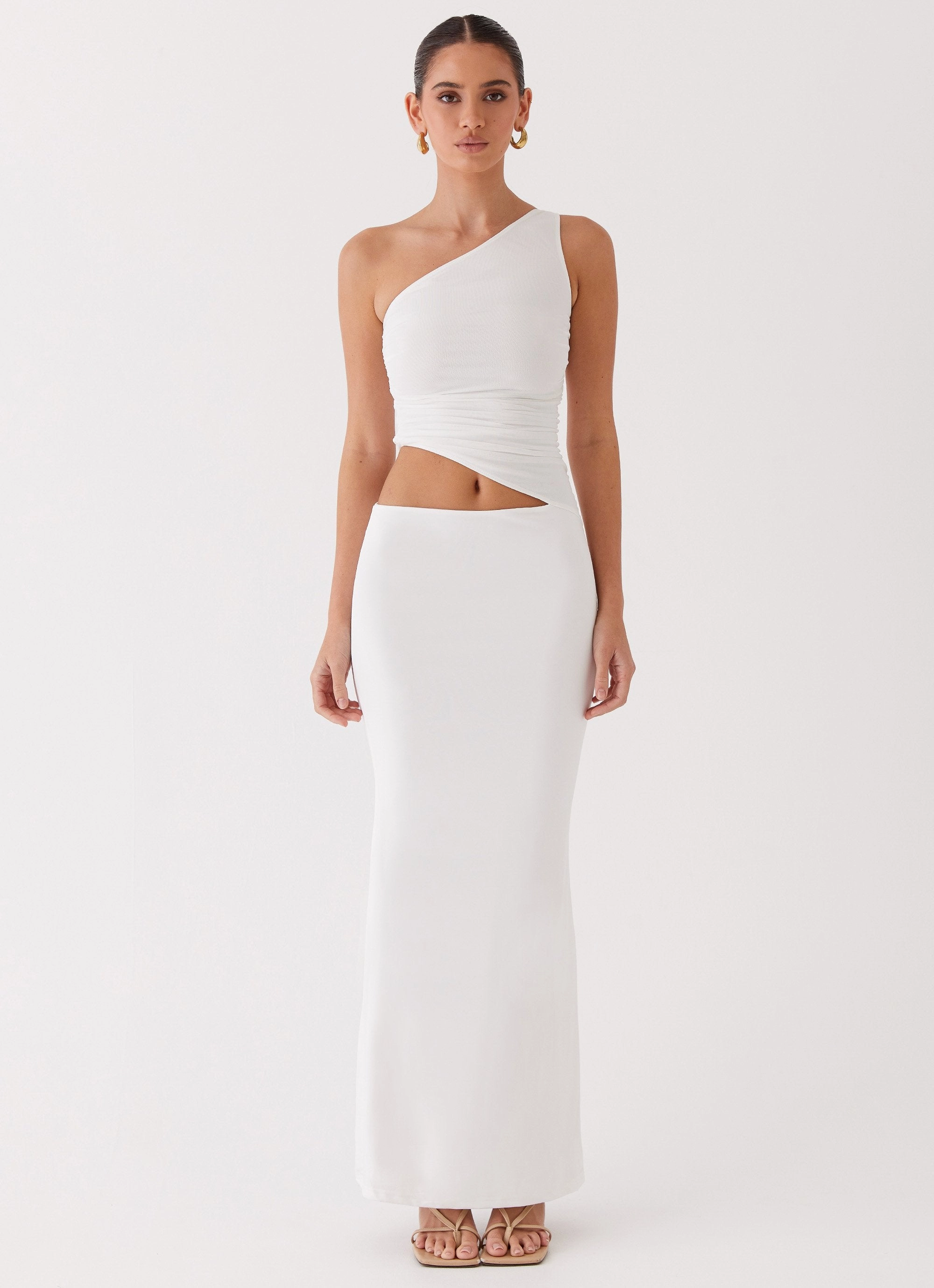 Soft Shine Lounge Texture Seranella One Shoulder Maxi Dress - White