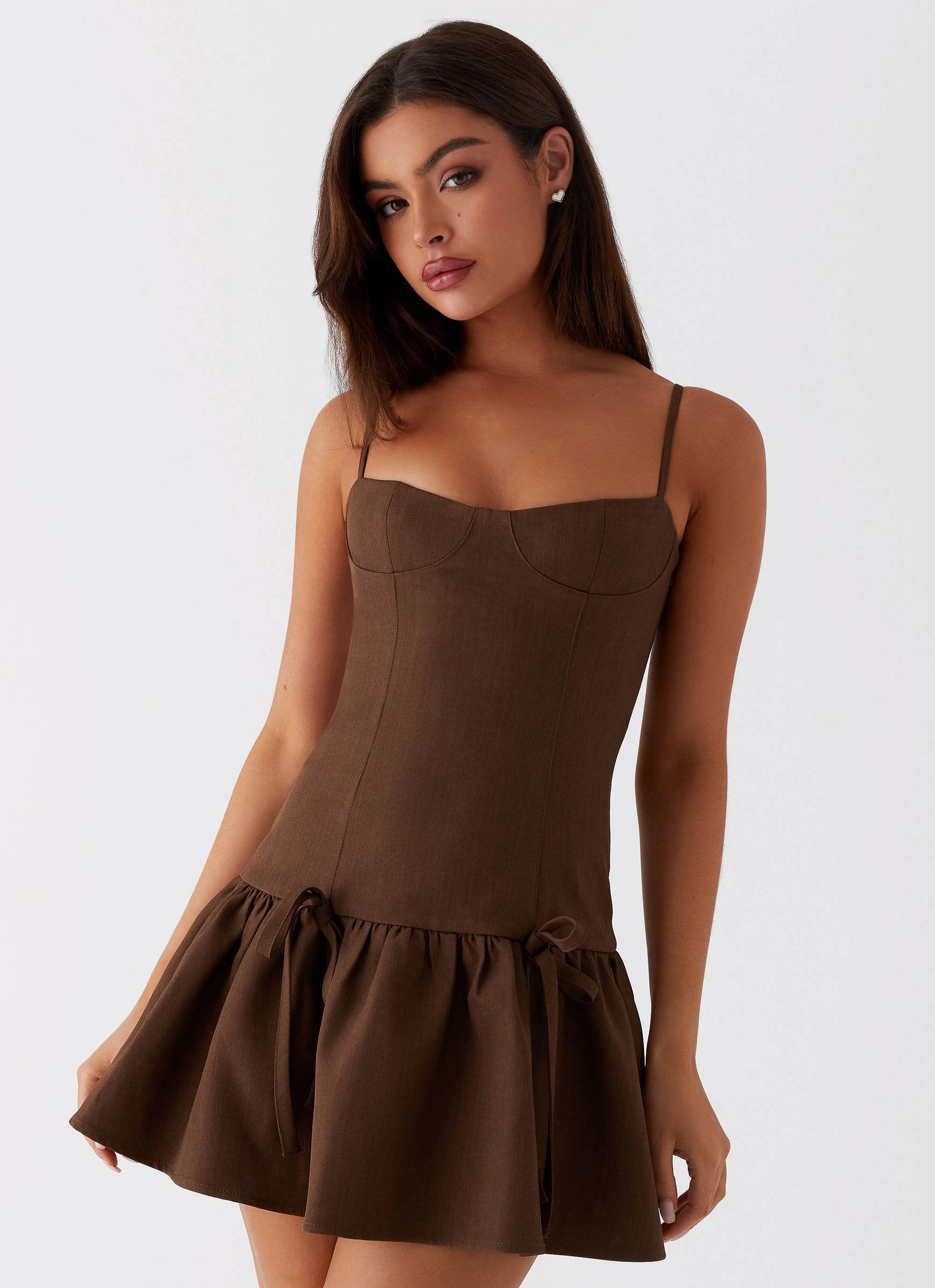 Running Late Mini Dress - Chocolate Peach Tone Refined Style