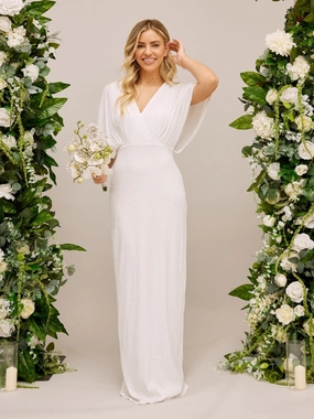 Angel Sleeve Sequin Maxi Bridal Dress / White Sequin Easy and Effortless LowProfileZipper