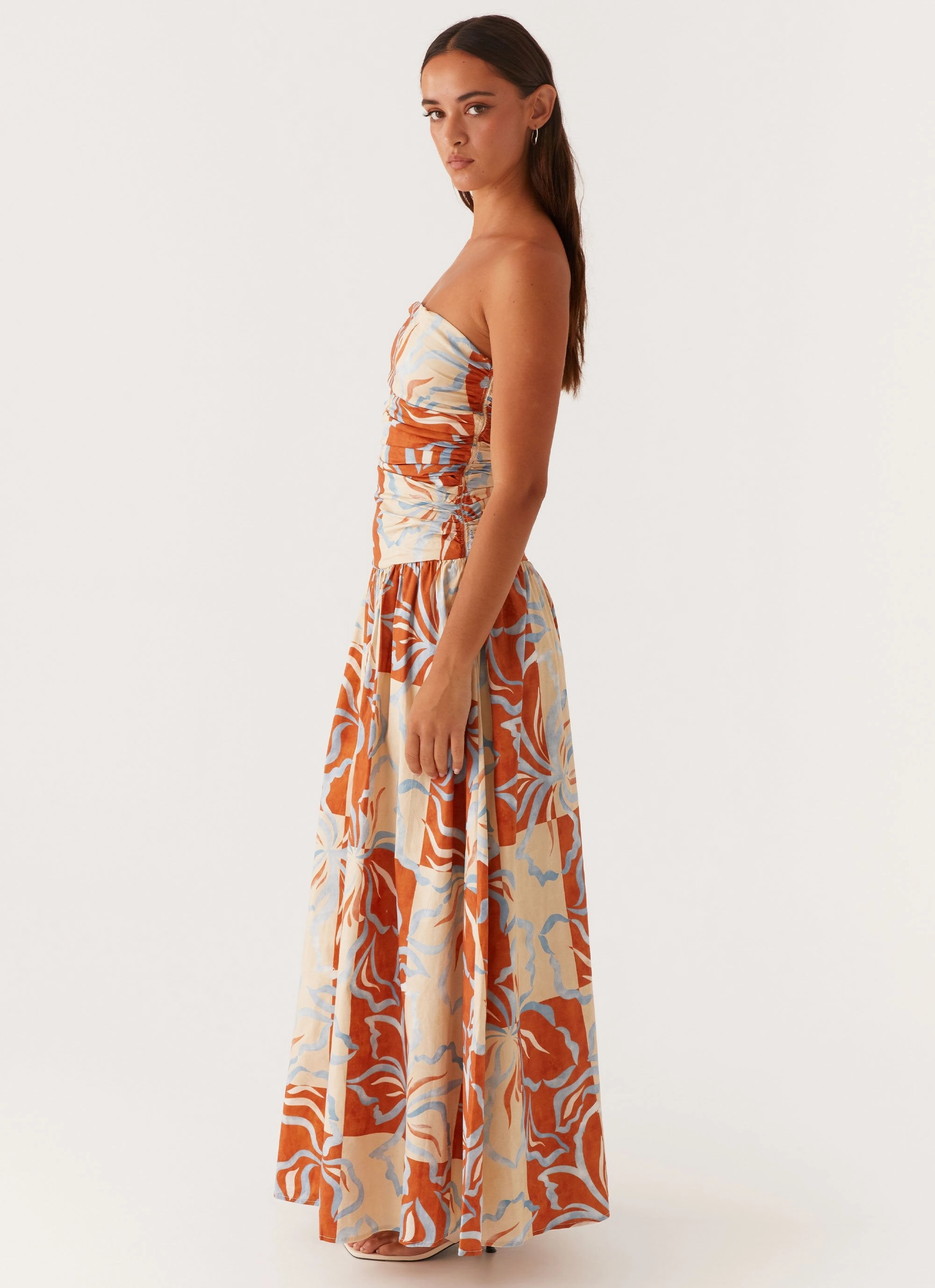 Softly Structured Sleek Feel Carmel Maxi Dress - Orange Blue Floral