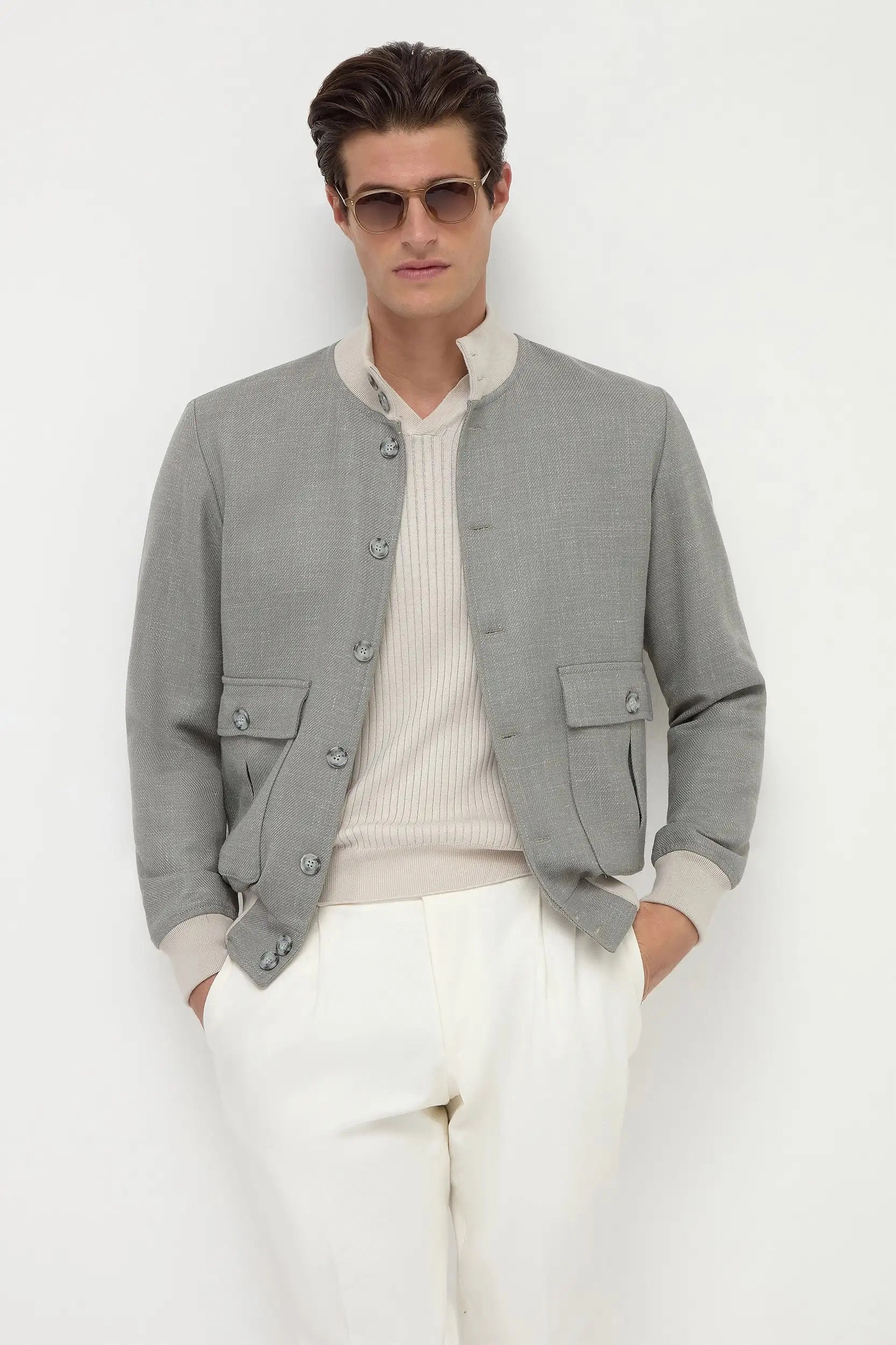 Light Diffusing Fabric Balanced Insulation Sage wool silk and linen bomber - Made in Italy