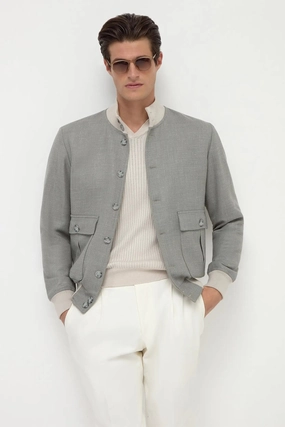 Light Diffusing Fabric Balanced Insulation Sage wool silk and linen bomber - Made in Italy