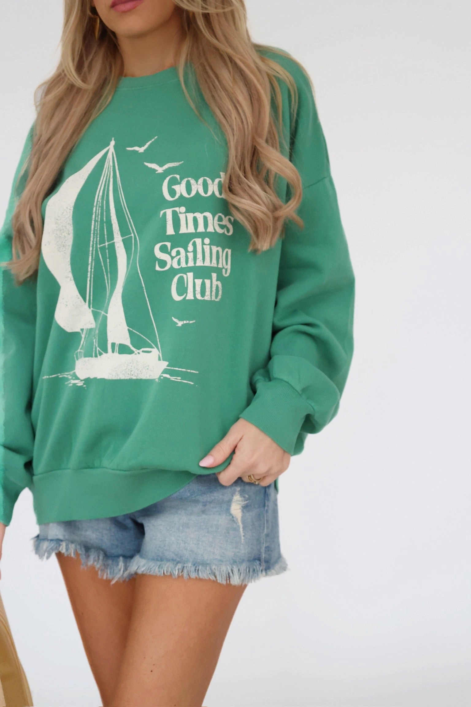 Sail Away Sunday Sweatshirt - Botanical Green(final sale) Flexible Shoulder Gusset